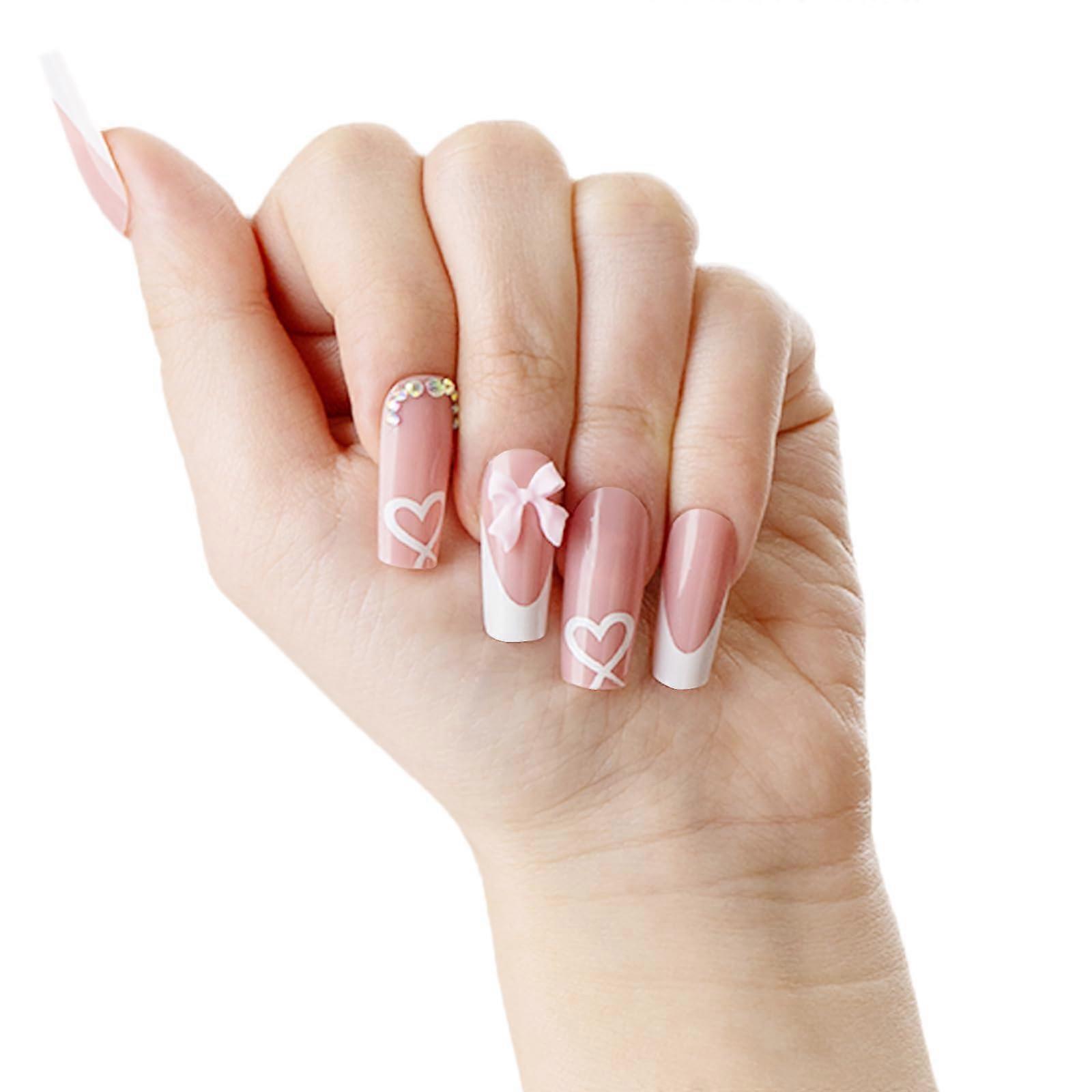 French Tip Press On Nails Kit  Long Square Pink Reusable Artificial Nails with Glue, 24 Pcs