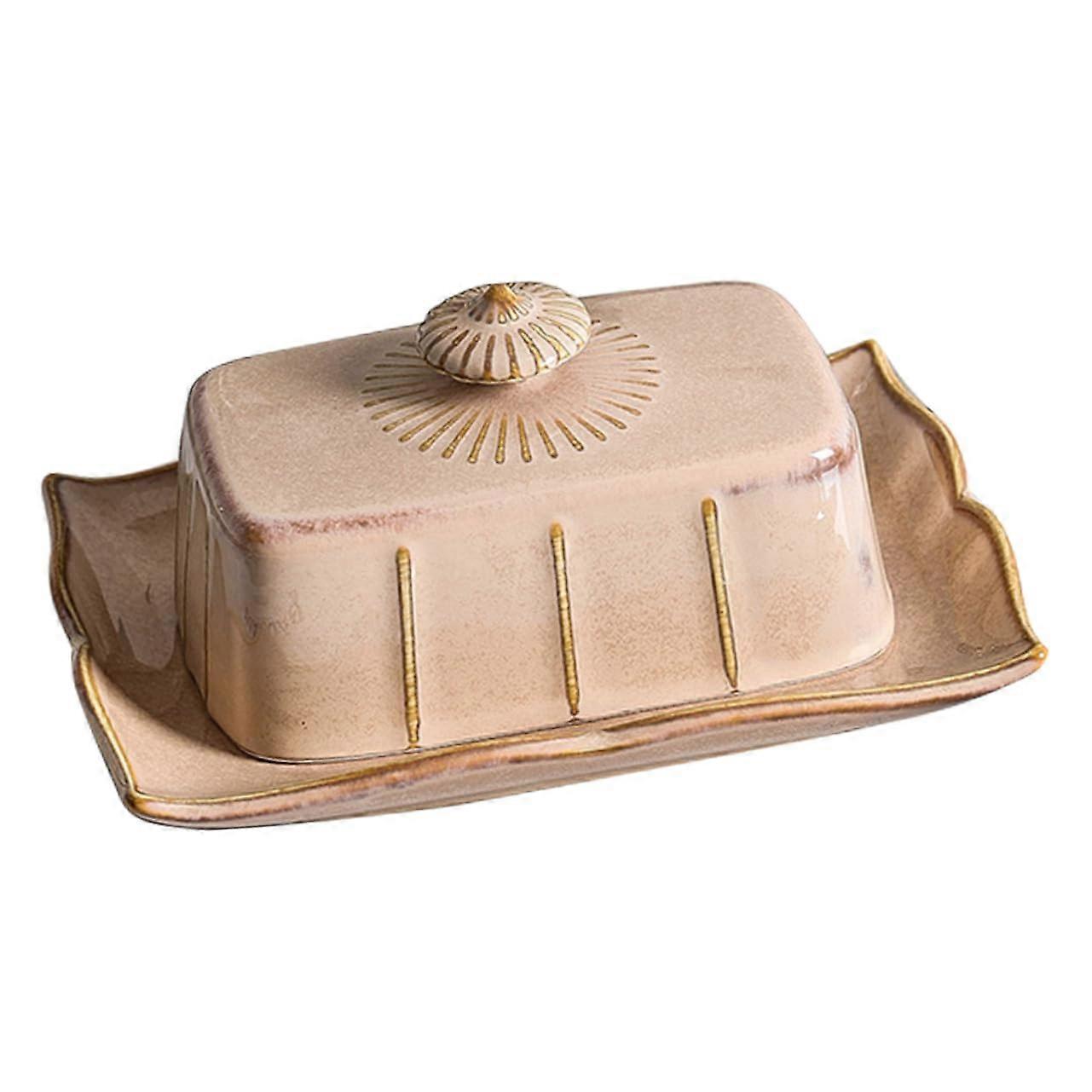 Butter Dish with Lid, Rectangular Porcelain Butter Keeper, Elegant Retro Design, Freshness Seal