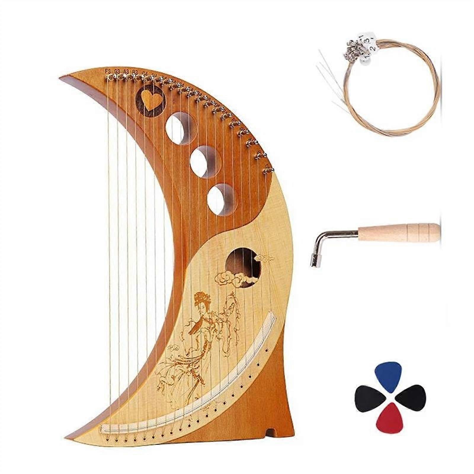 19String Lyre Harp Solid Mahogany Build Warm Resonant Sound with Spare Strings for Beginners