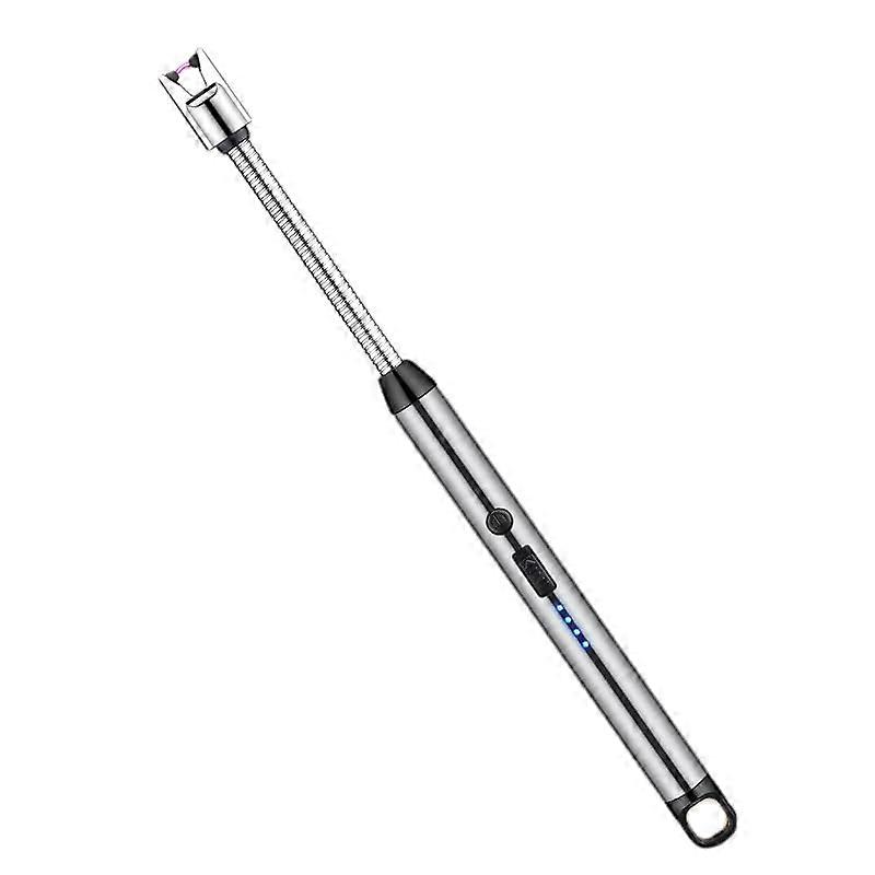 Electric Candle Lighter USB Rechargeable Windproof Long Stem Arc Ignition with Safety Switch Silver