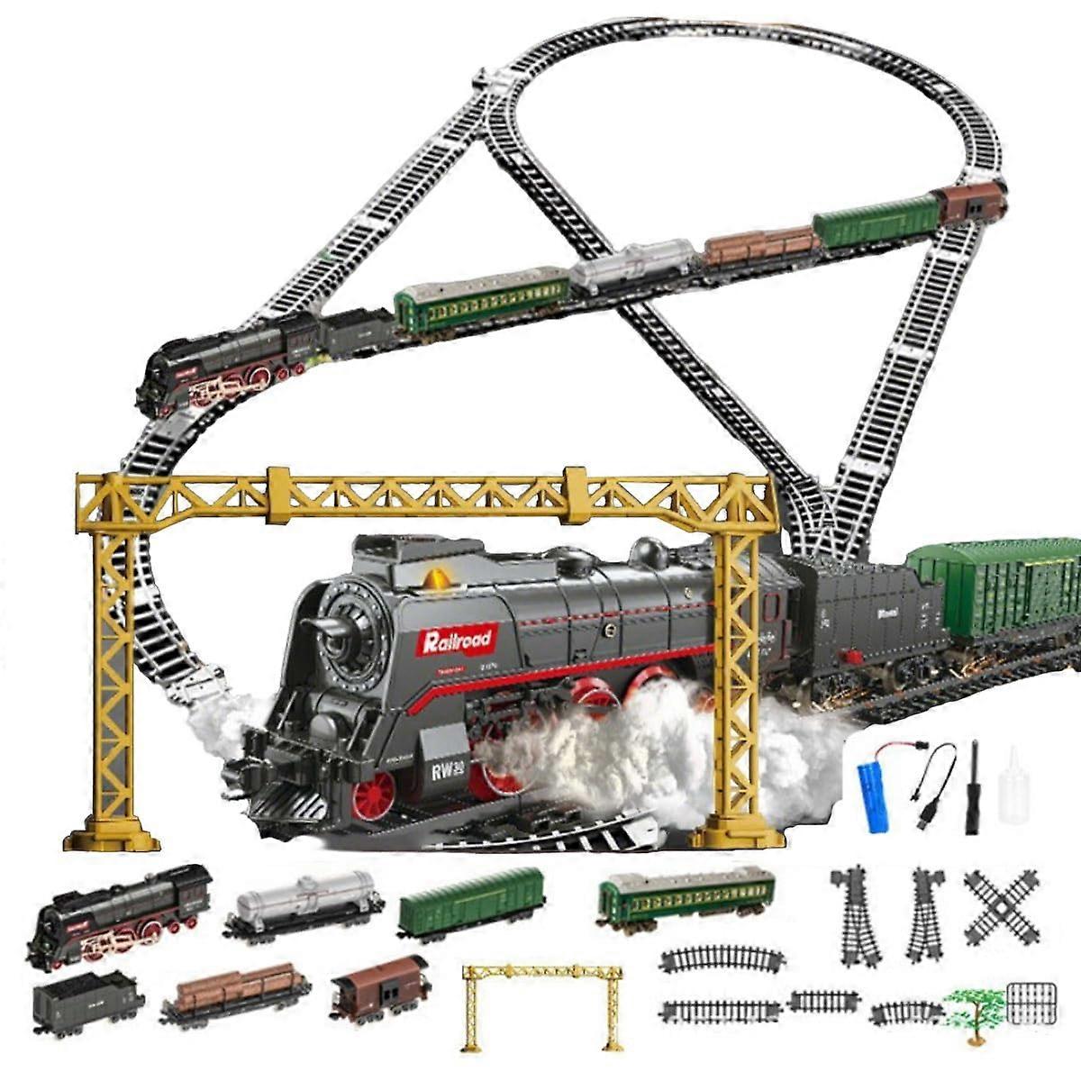 Electric Christmas Train Set with Steam and Lights, Remote Control Tracks Display Model 62904B