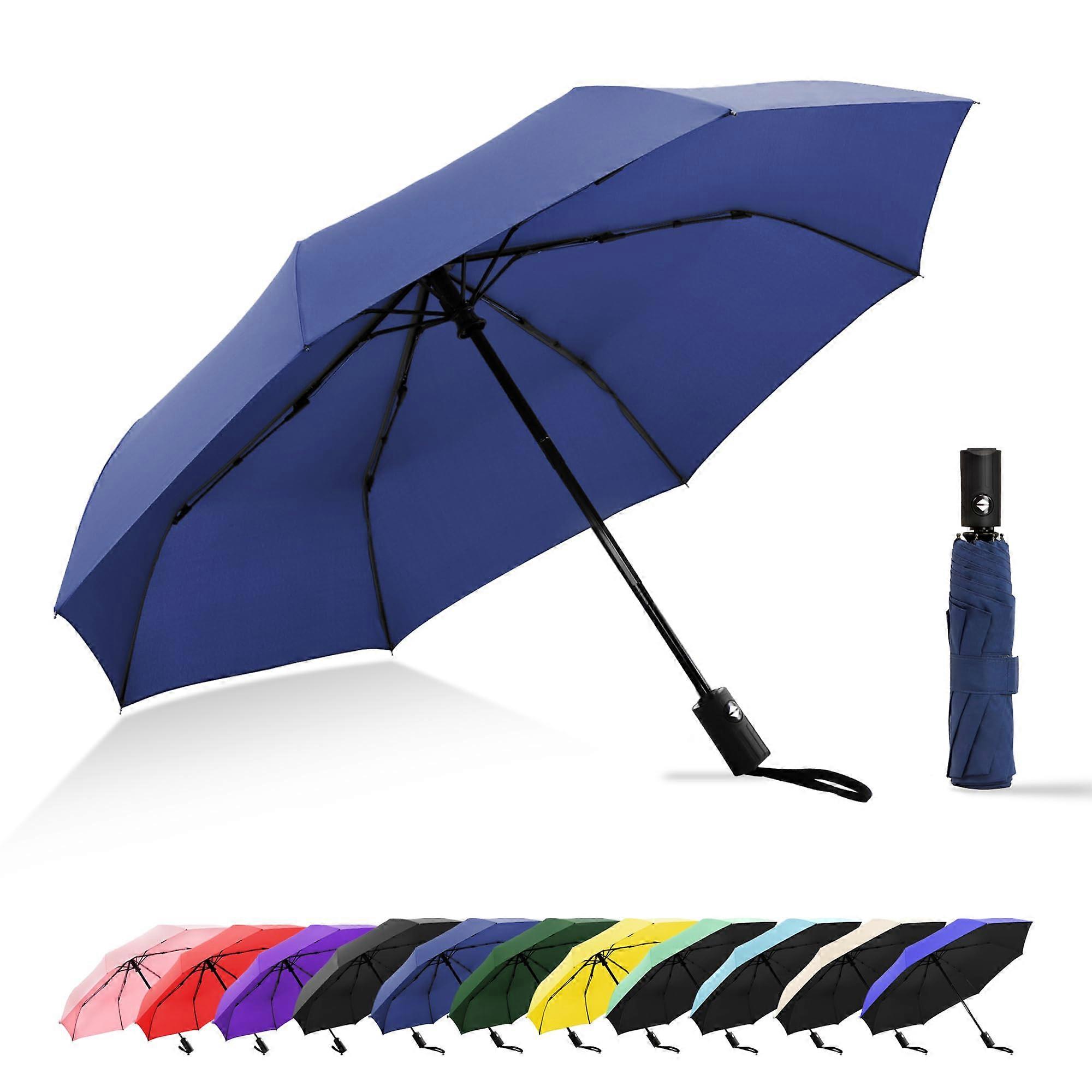 Travel Umbrella Automatic Open Close Windproof Fiberglass Frame Compact Lightweight Blue