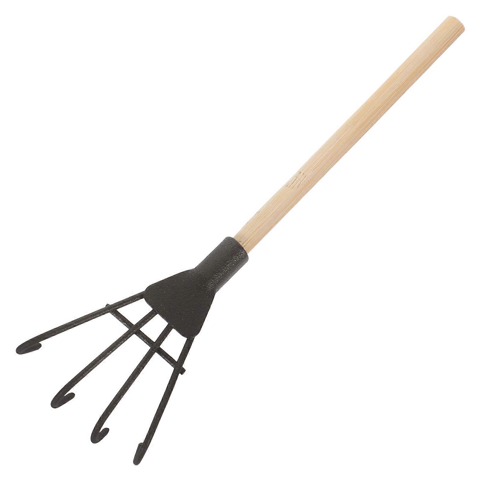 Mini Iron Rake Tool Sand Rake for Gardening Decorative Wood Handle
