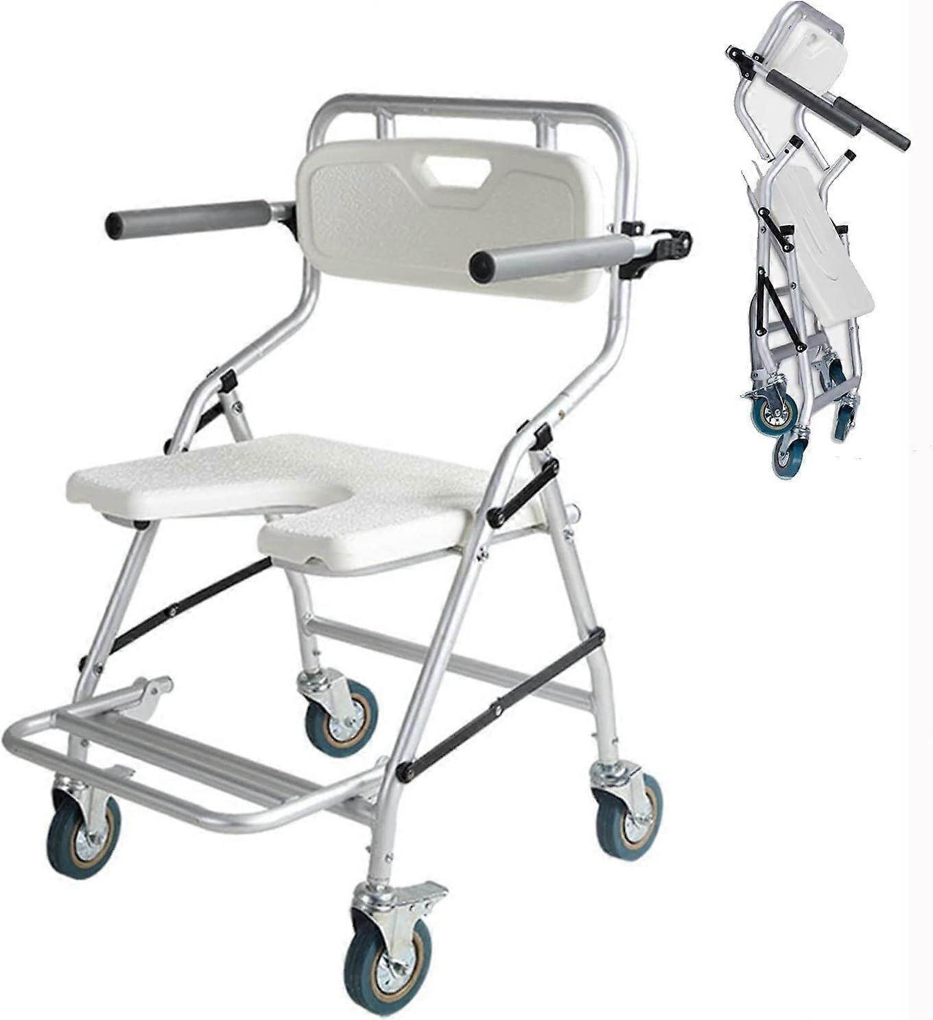 Foldable Shower Commode Chair with Wheels, Height Adjustable, Locking Wheels for Elderly