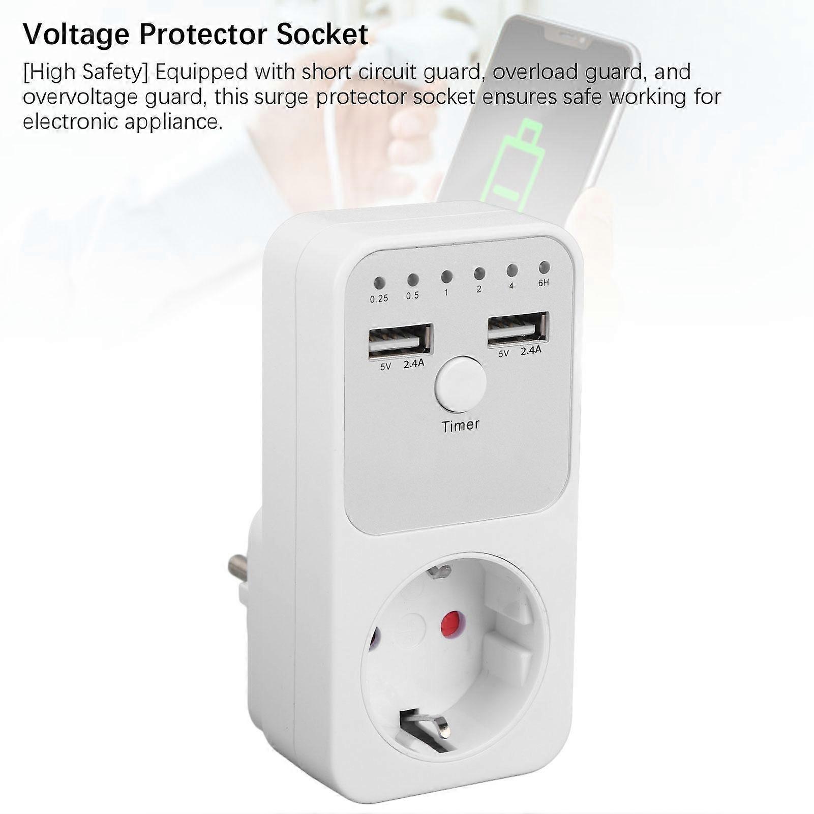 Voltage Protector Socket 3680W 16A Surge Protector Power Outlet with 2 USB Ports and Countdown Timer EU Plug