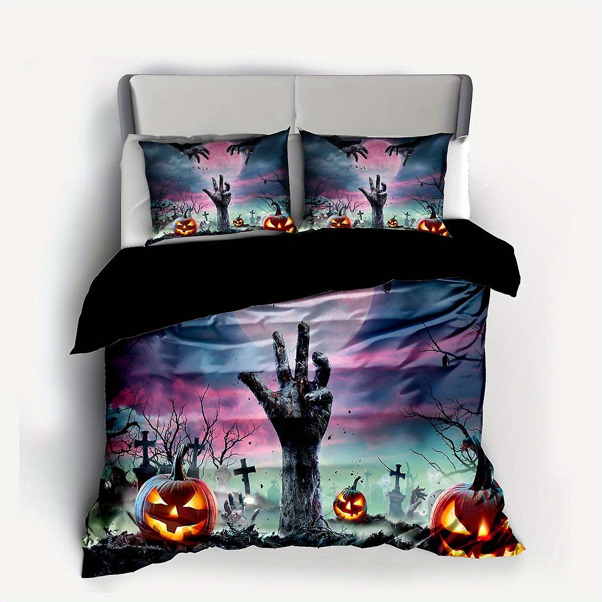 3pcs Halloween Theme Duvet Cover Set Horror Pumpkin Tombstone Hand Print Bedding Set Soft Comfortable Duvet Cover For Bedroom Guest Room (1*duvet