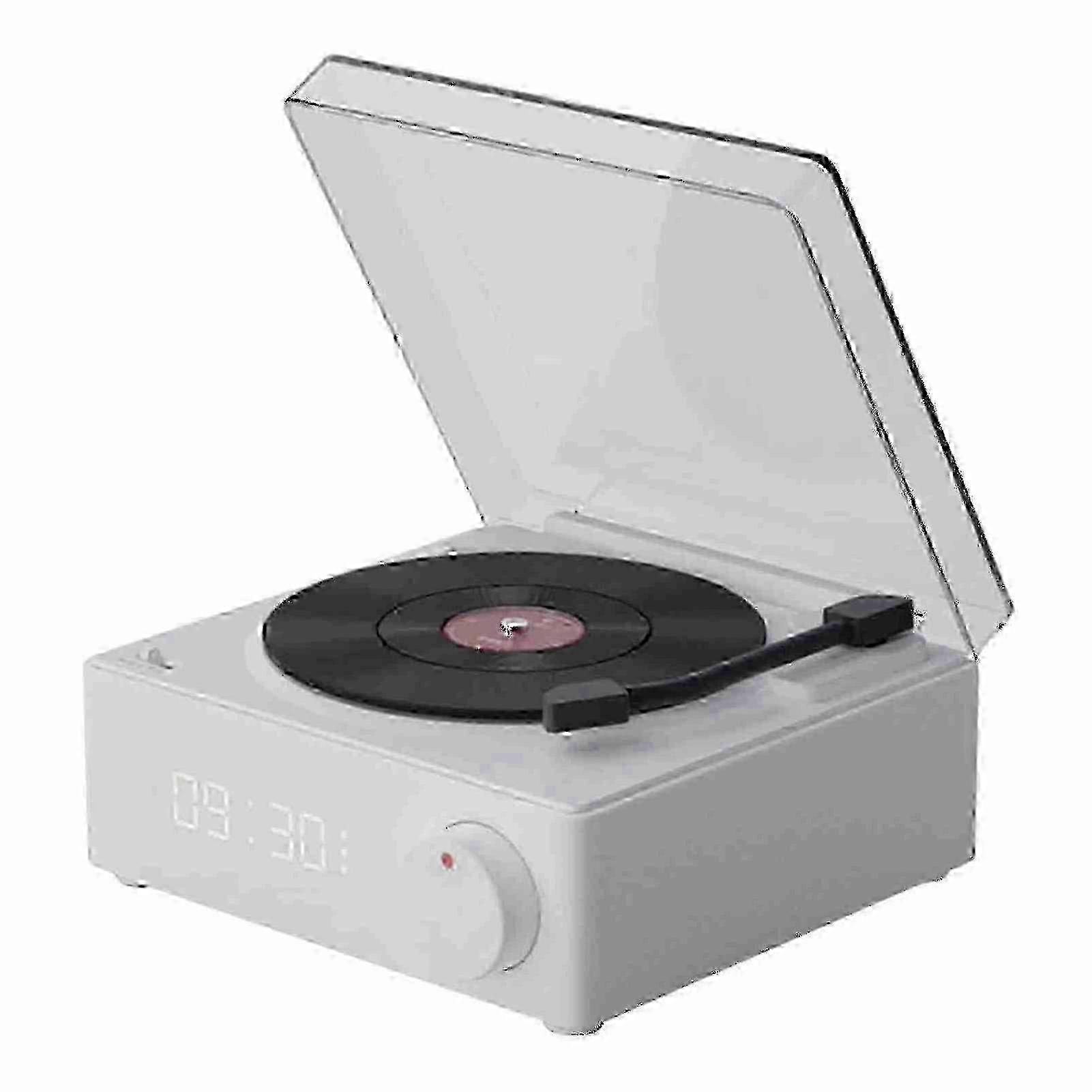 Rotating Bluetooth Alarm Clock with Vinyl Design and Full-Range Sound in White