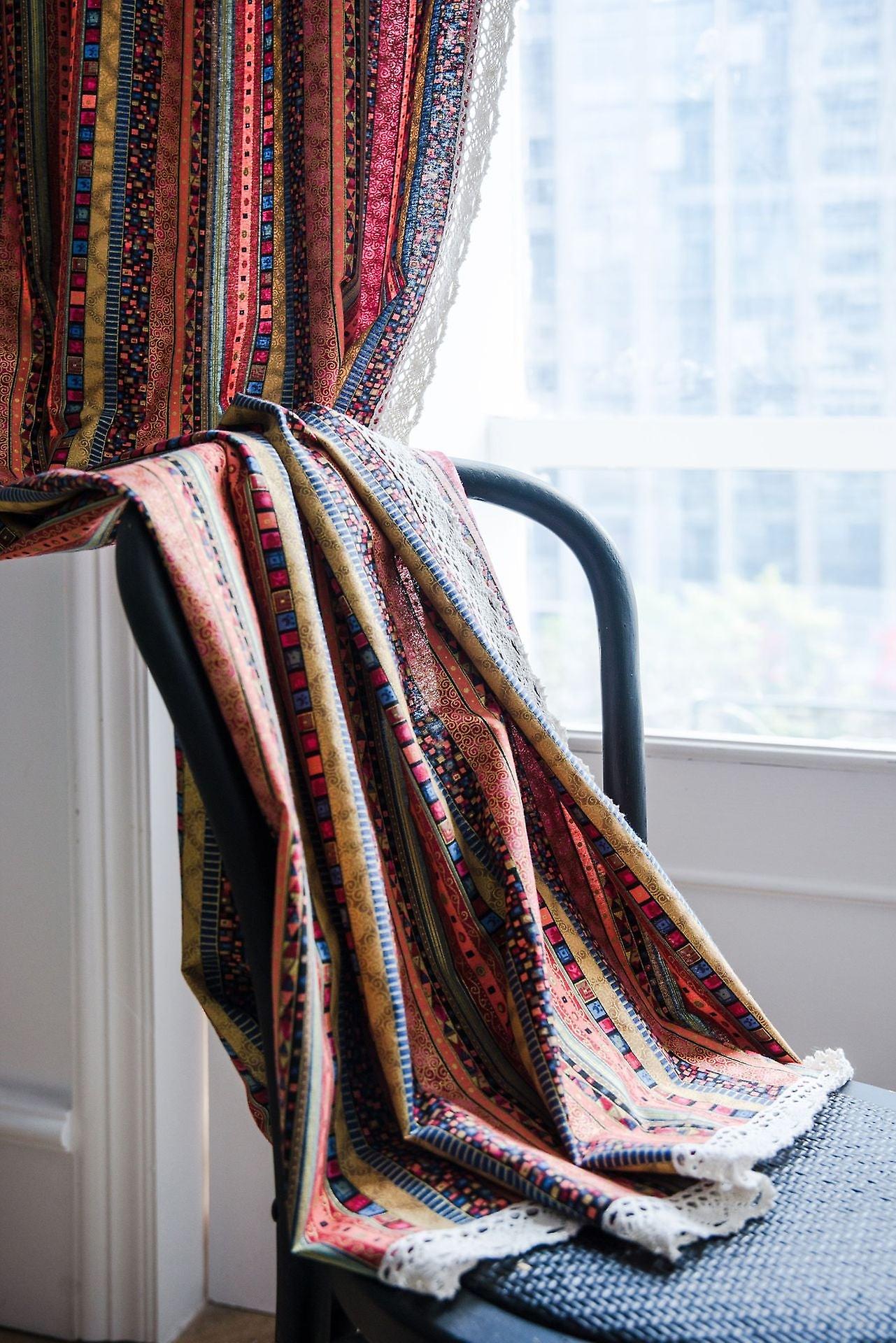 Fabric Curtain Bohemian Striped Printing Shading Chain Cotton And Linen Fabric Kitchen Curtain
