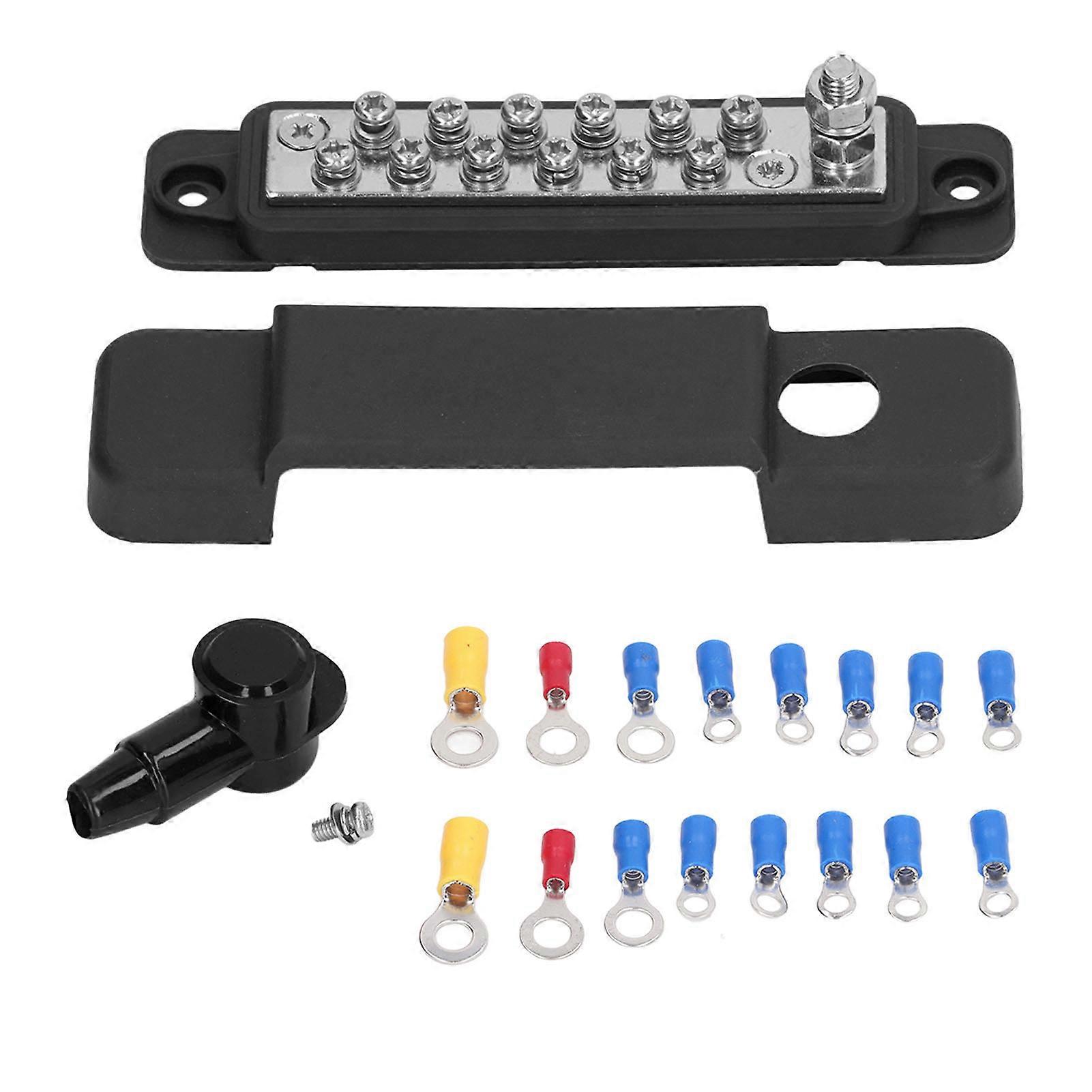 Power Distribution Terminal Block, Bus Bar, 12 Position Studs, with Cover, for Caravan, Yacht, 48V DC, 150A, Black