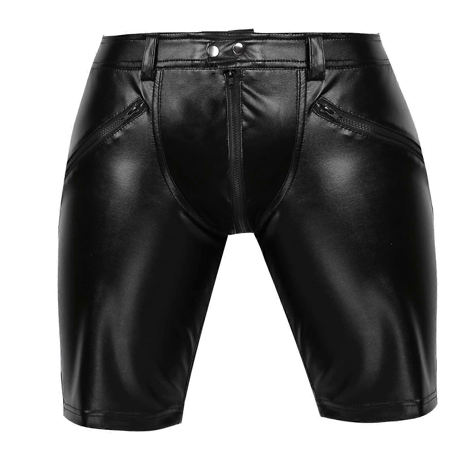 Black Latex Pants Mens Sexy Leather Middle Pants Clubwear Workout - Main Image