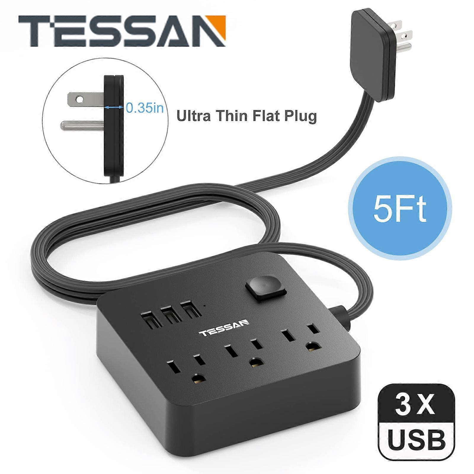 TESSAN - Ultra Slim Extension Cord with 3 AC Outlets and 3 USB Ports, 6 in 1 Flat Power Bar with 5ft Extension Cord for Home