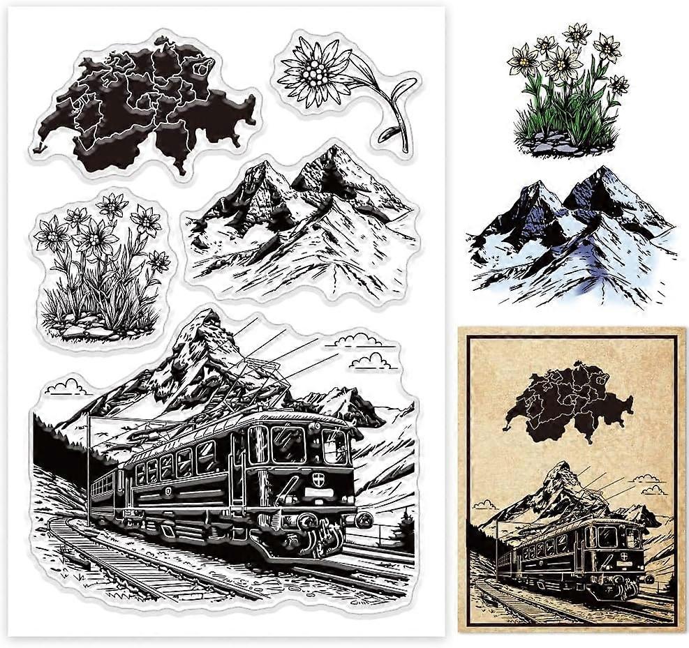 Snowy Mountain Clear Silicone Stamps for DIY Card Making Switzerland Map Silicone Transparent Seal Snowdrop Train Decorative Clear Stamps for Scrapboo