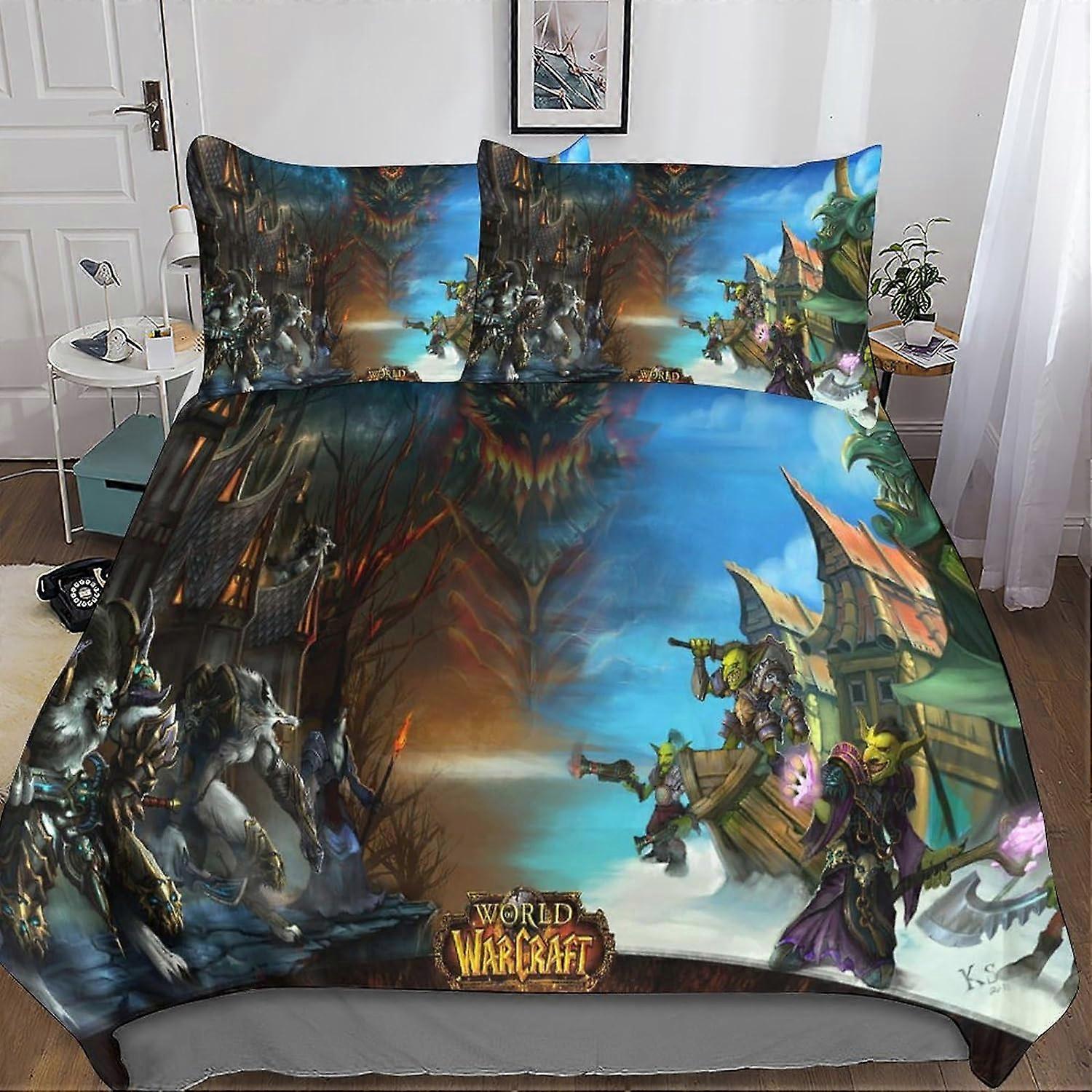 Warcraft Duvet Cover Set, with Pillowcases Microfiber WOW Game Bedding Set with Zipper Closure 3 Pieces for Teens and Adults Double