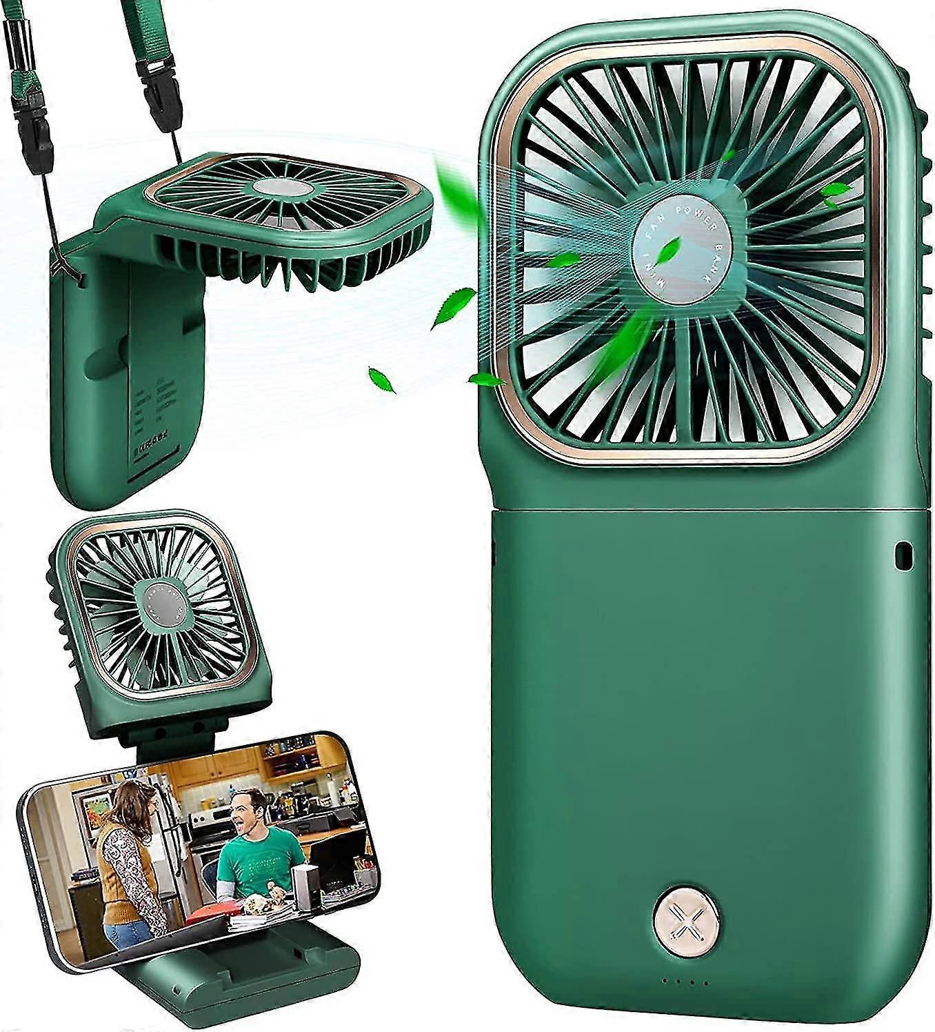 Dww-usb Fan Mini Fan Quiet Hanging Hand Fan, Usb Rechargeable With 3 Speeds, Foldable And Portable Fan For Home, Office And Travel (green)