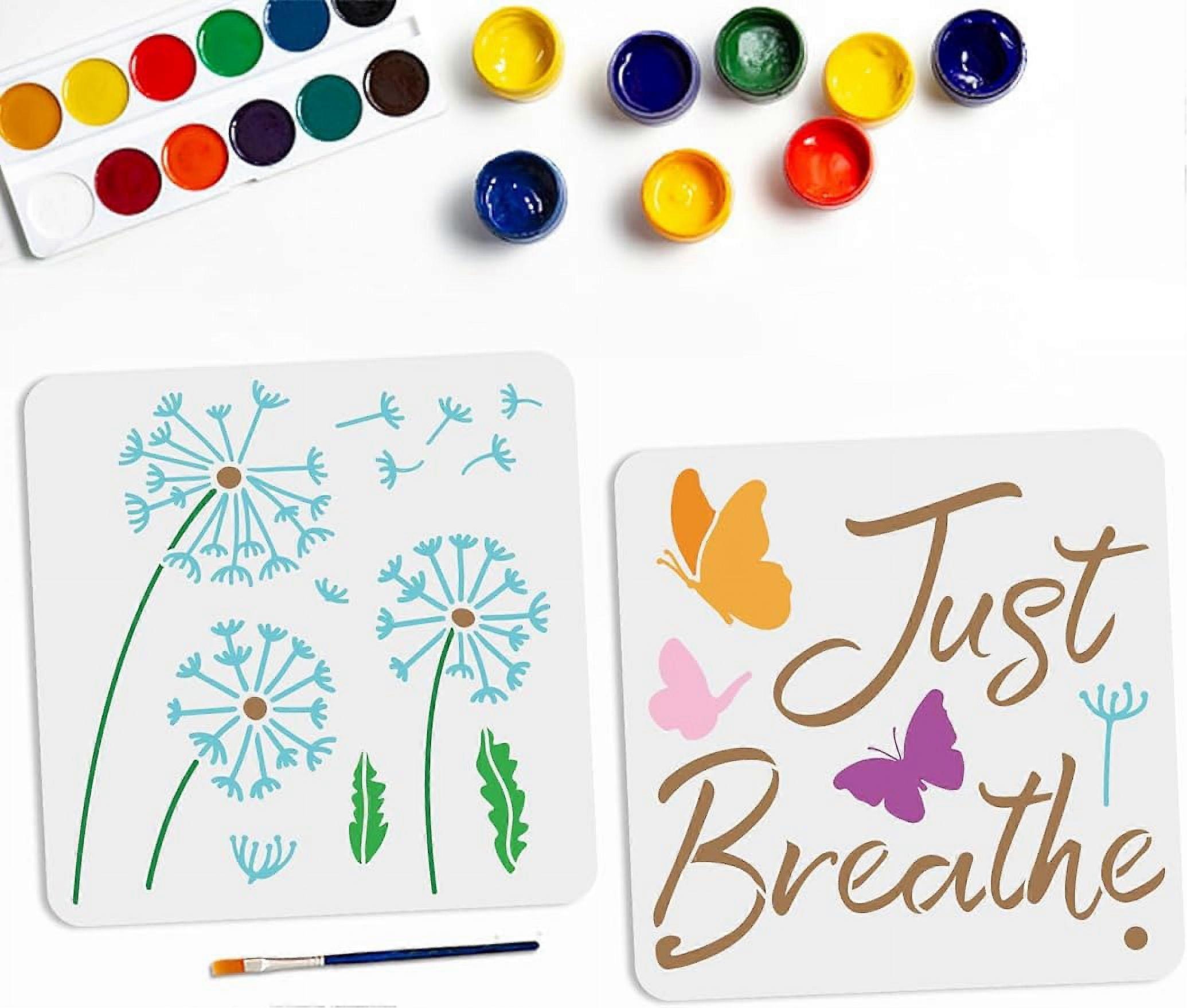 2Pcs Dandelion Just Breathe Reusable Painting Stencil Template with Paint Brush for Crafts Wood DIY Home Decor 11.811.8inch