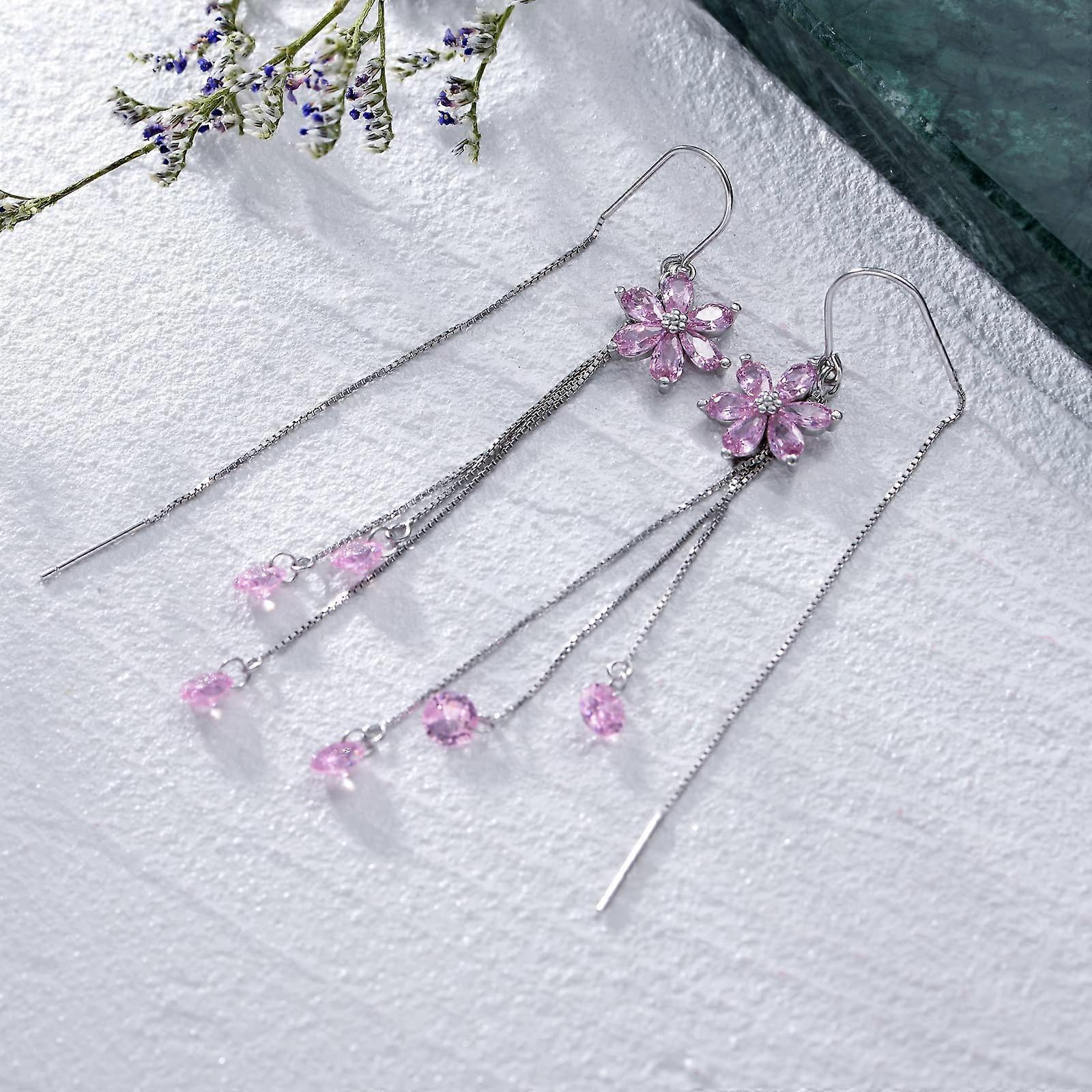 Peasimy Long Flower Dangle Earrings For Women | Pink Floral Tassel Statement Earrings, S925 Silver - View #8