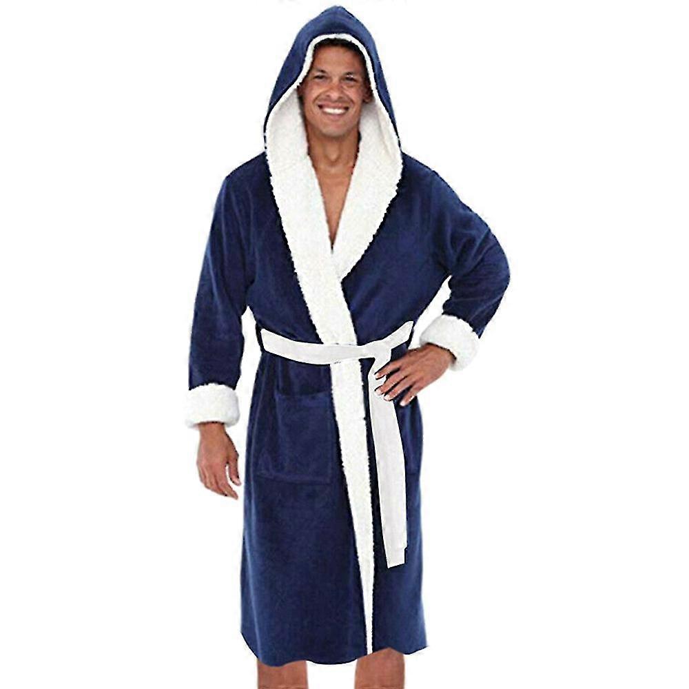 Men Winter Fleece Hooded Bathrobe Night Robe