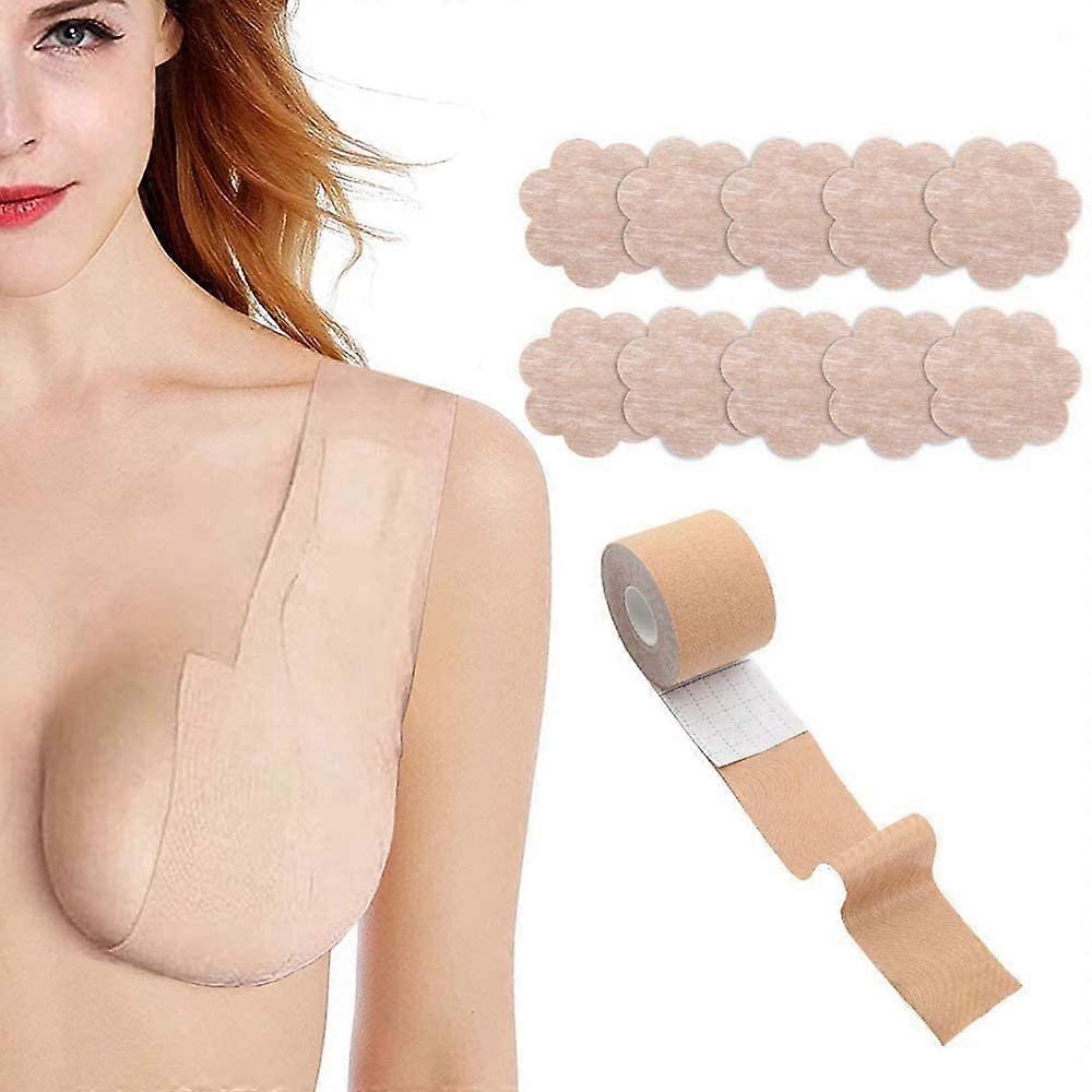 Boob Tape and 10 Pcs Petal Backless Nipple Cover Set, Breathable Breast Lift Tape Boobytape for Breast Lift Athletic Tape with Breast Petals Disposab