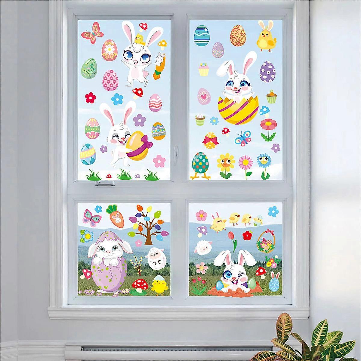 Window Stickers 12 Sheets, Spring Summer Decoration Static Clings for Window, Flowers Butterfly Rabbit Eggs Chick Designs