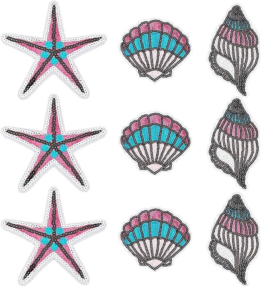 9 Pcs Conch Seashells Starfish Sequin Patches Paillette Iron on Cloth Patch Polyester Marine Shell Embroidery Applique Ocean Beach Sew DIY