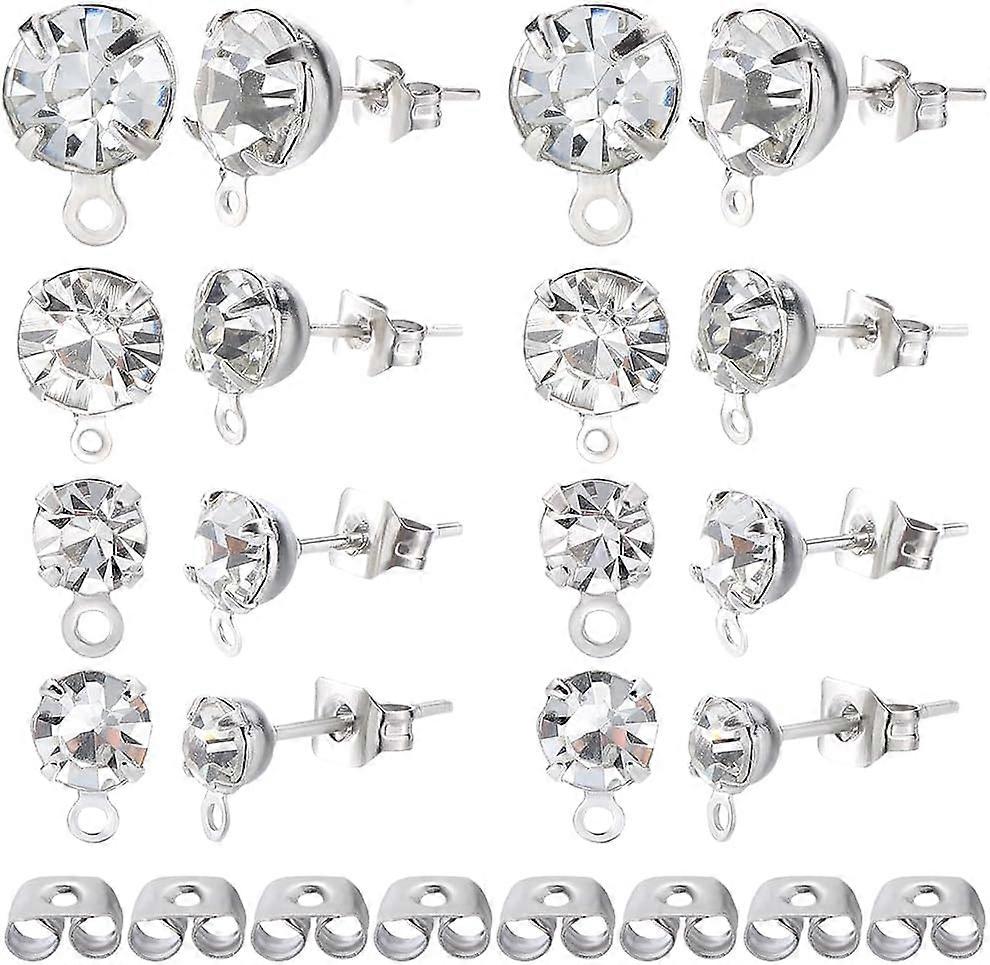 160Pcs 4 Size Alloy Crystal Rhinestone Stud Earring Finding with Horizontal Loops and 160Pcs Brass Ear Nuts Platinum 4~8mm 40Pcs/size