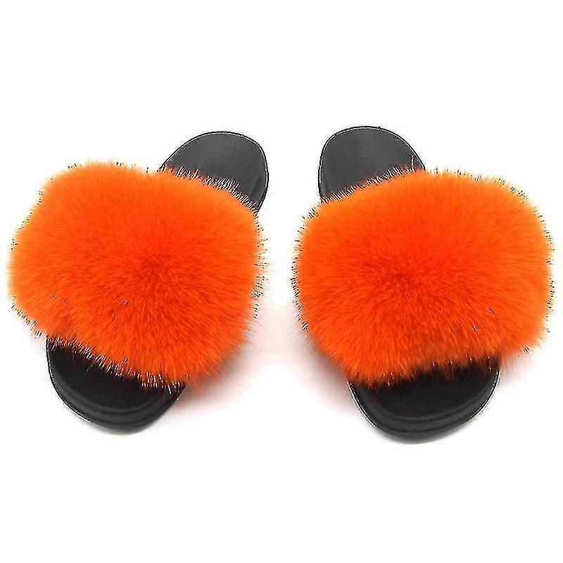 Fox Fur Slides Til Kvinder - Comfort Hjemmesko med åben tå pels indendørs udendørs