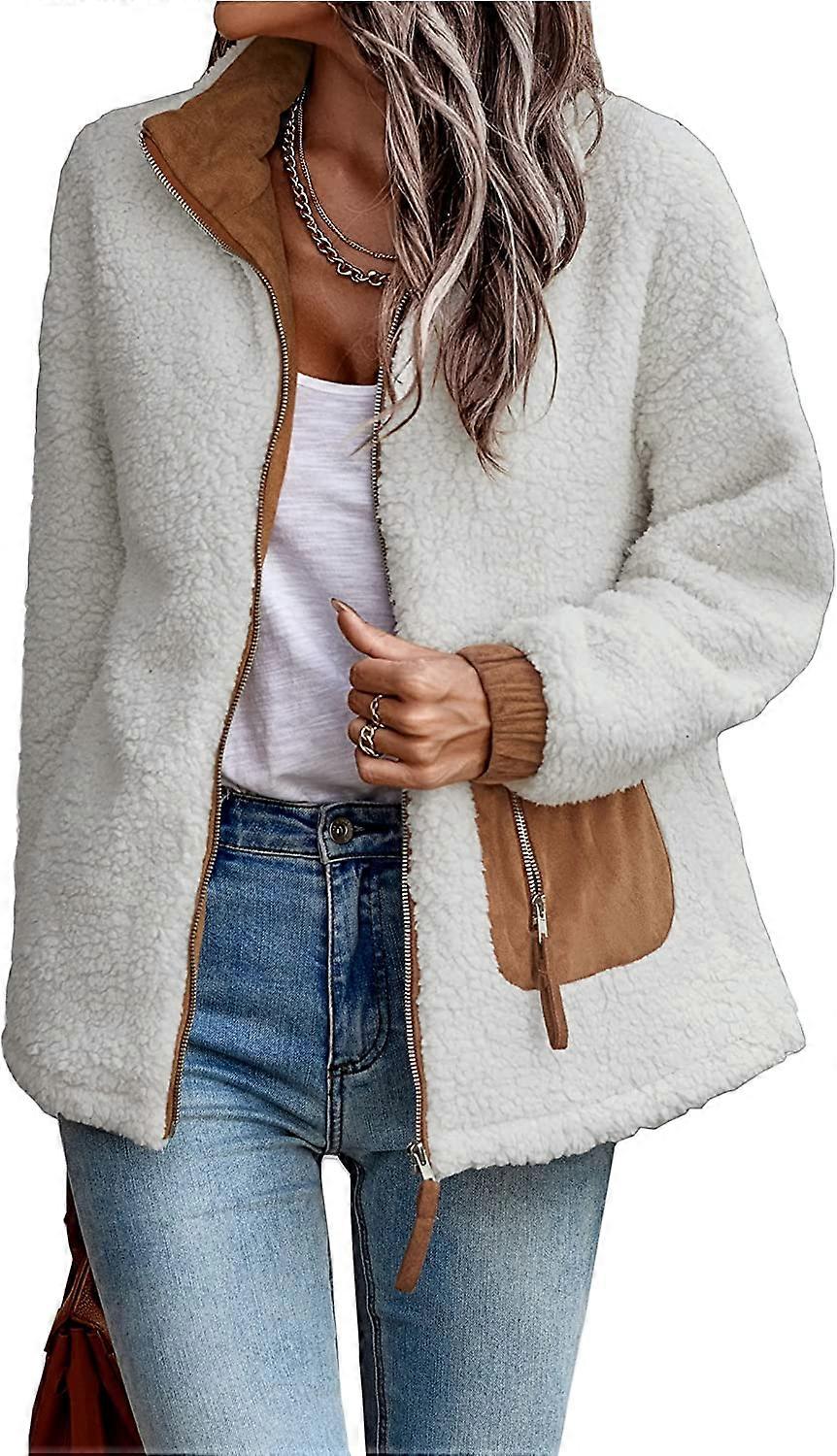 Women's Sherpa Fleece Jackets Casual Long Sleeve Open Front Zip Up Lapel Jacket Fuzzy Coat Faux Fur Outwear