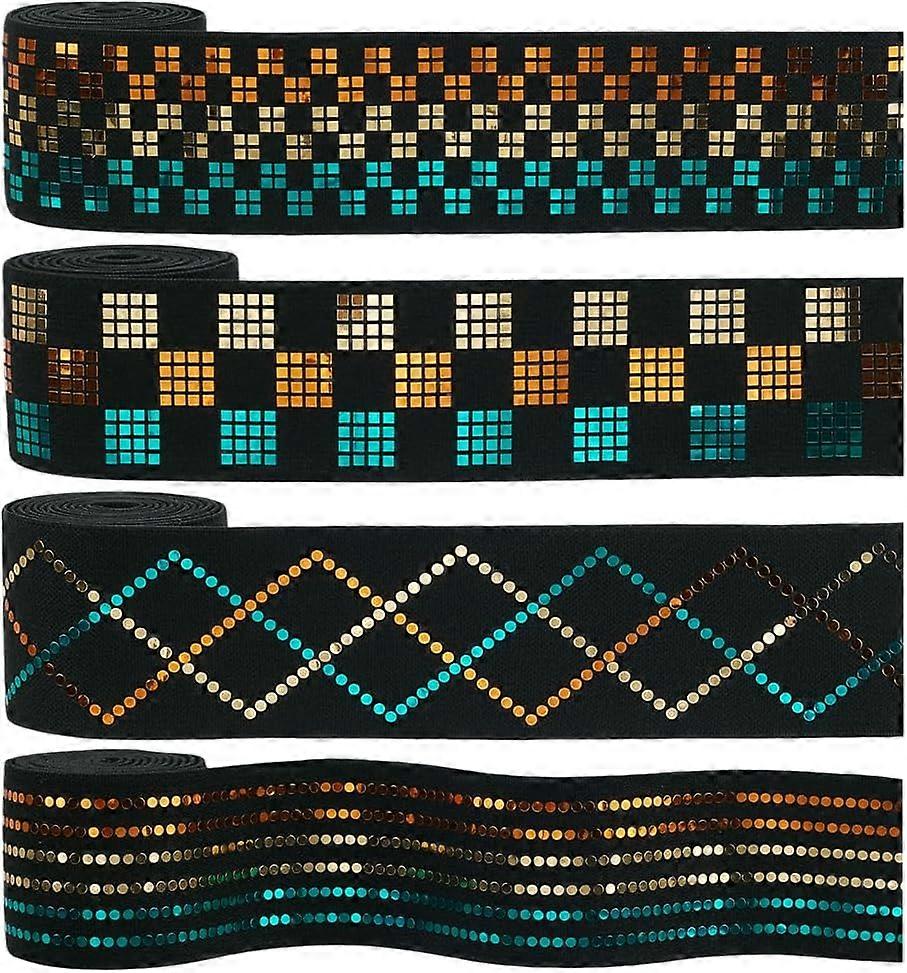 4 Yard Elastic Ribbon with Paillettes 4 Styles 1.5inch Wide Elastic Colorful Sequin Ribbon Stretch Elastic Trim with Sequin for Sewing Black Ribbon Tr