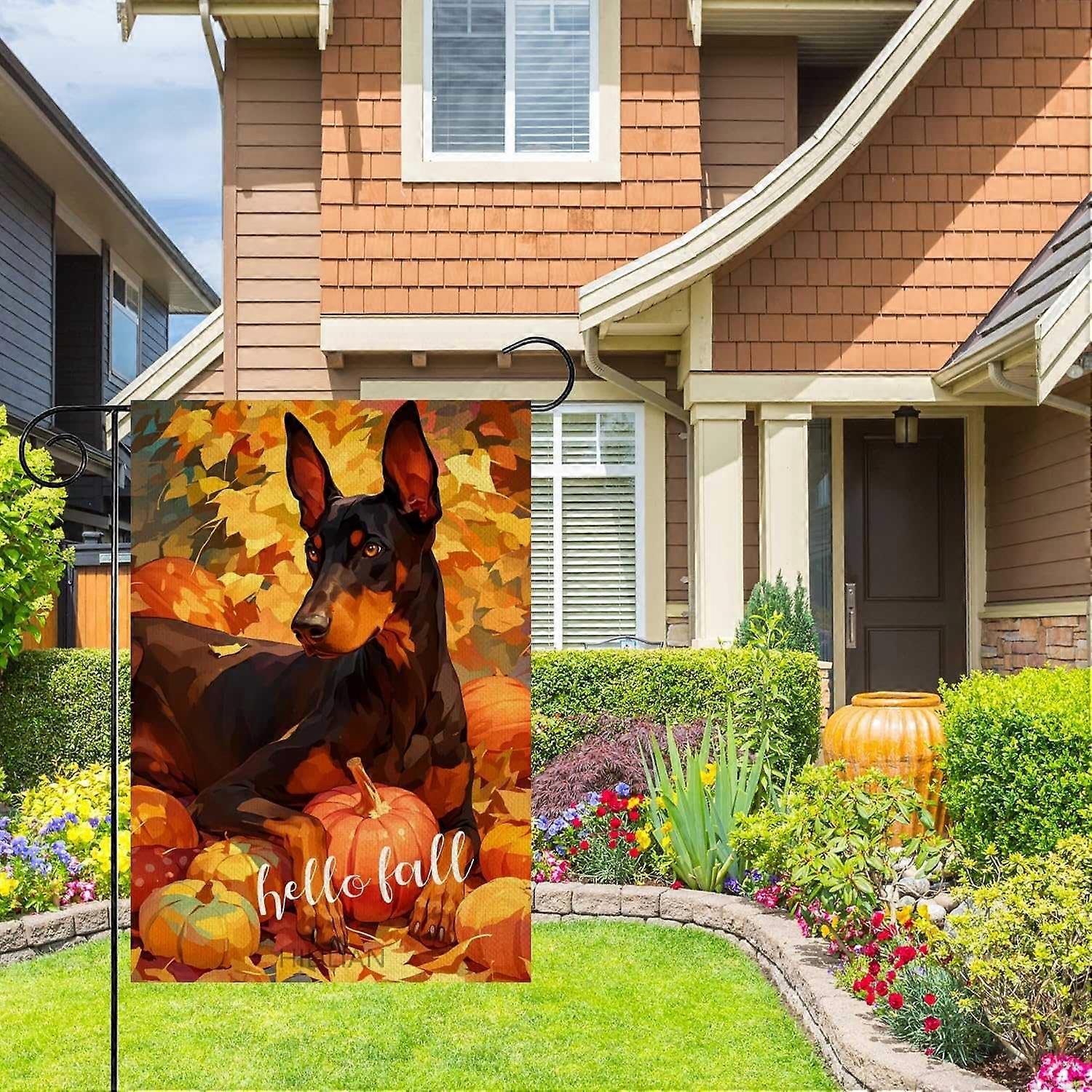 Hello Fall Doberman Flag 28x40 Double Sided, Pumpkins Garden Flags(6543)