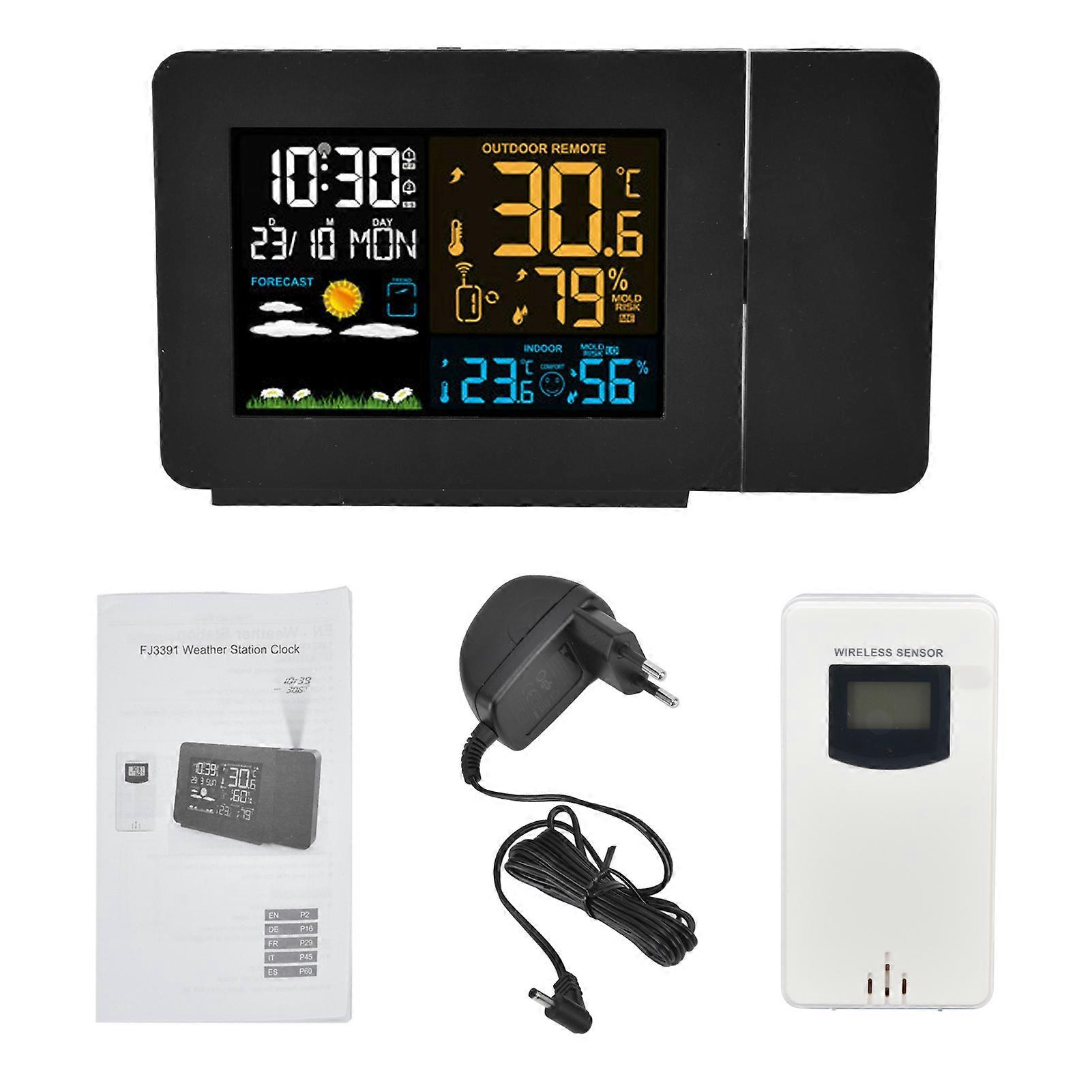 Indoor Outdoor Thermometer with 60m Transmission, Digital Hygrometer, Clock Projection, Temperature Prediction EU 100-240V