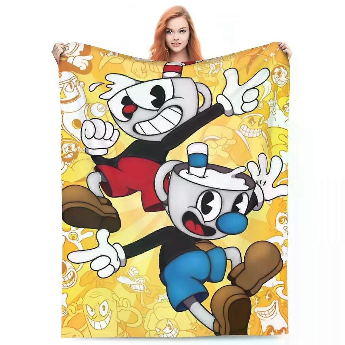 Tecknad Cuphead Och Mugman Filtar Fleece Vår / Höst Andningsfunktion Lätta Filtar för Säng Sovrum Plysch Tunt Täcke
