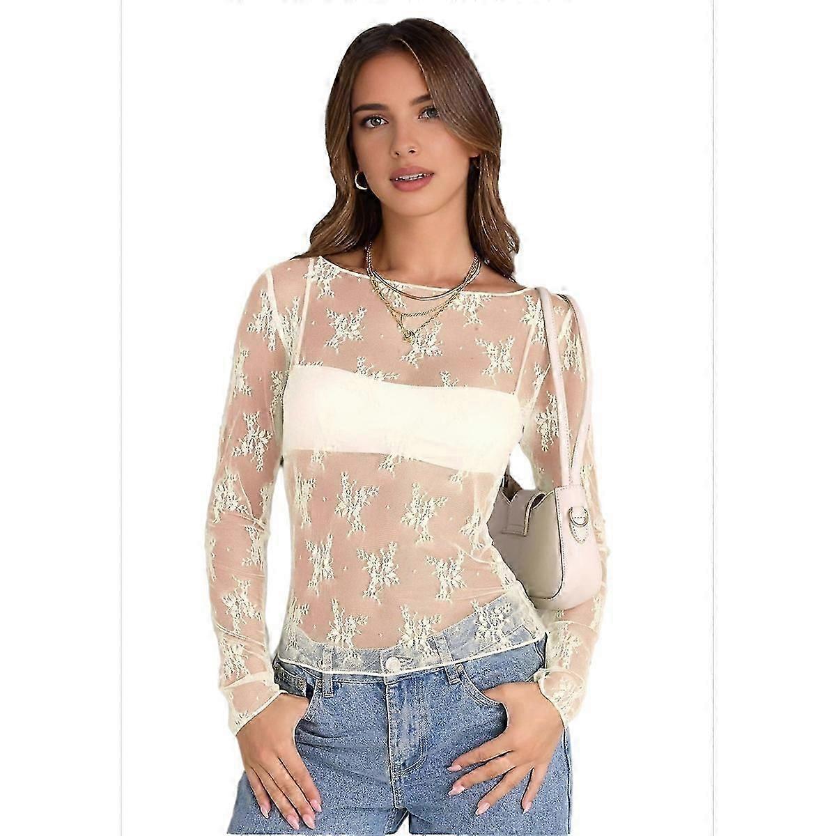 2026 NEW Lace Long Sleeve Top Beige L