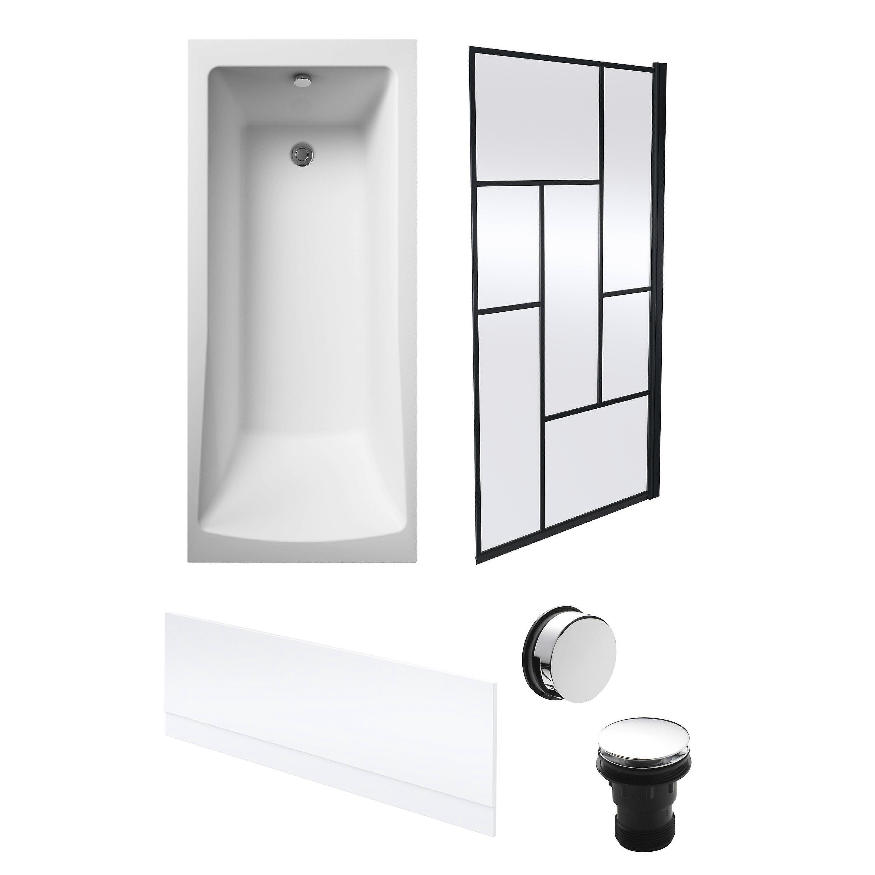 Square Single Ended 1700x700 with Front Bath Panel, Black Abstract Framed Screen & Chrome Waste