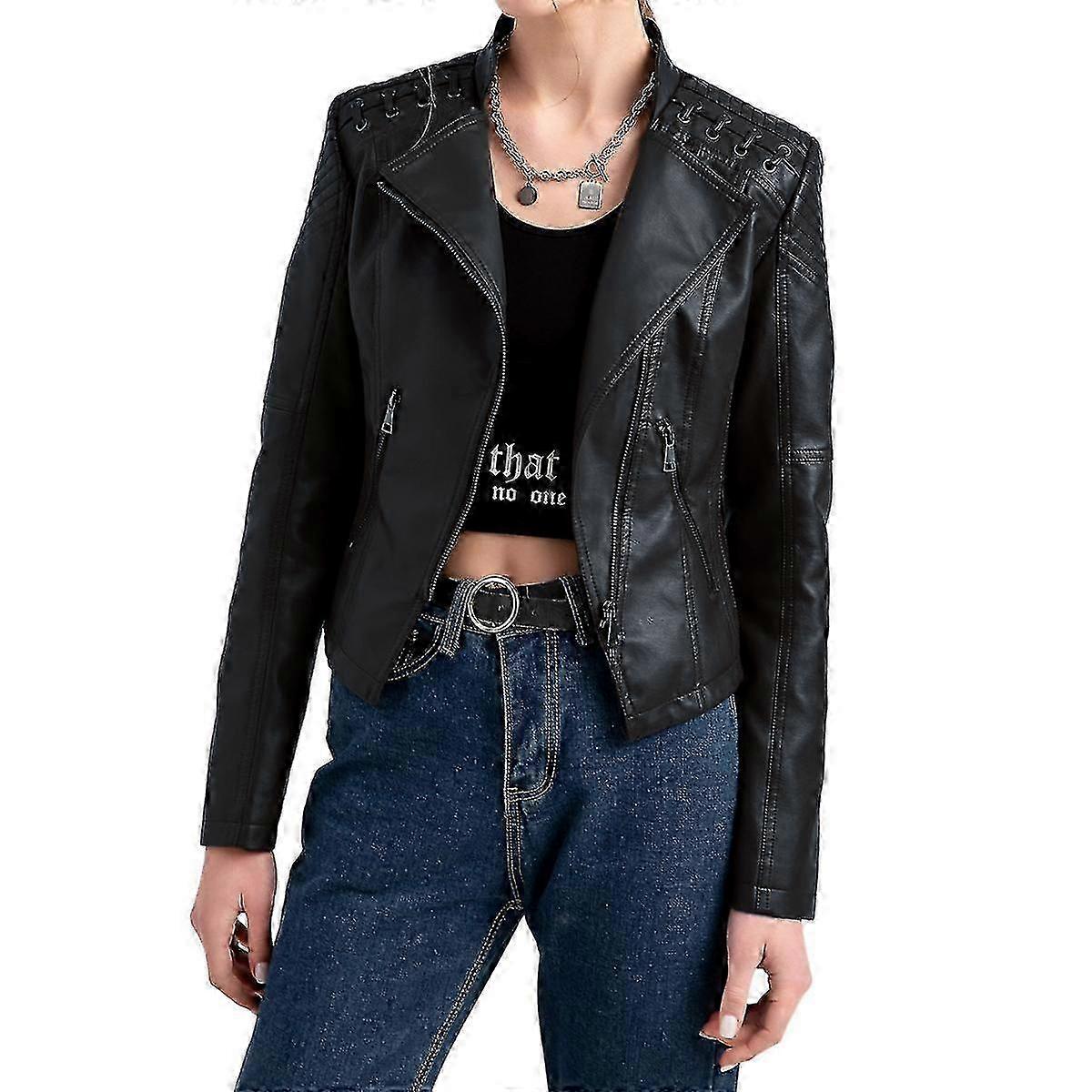 Slim-Fitting Women's Cropped Leather Biker Jacket with Lapel Collar