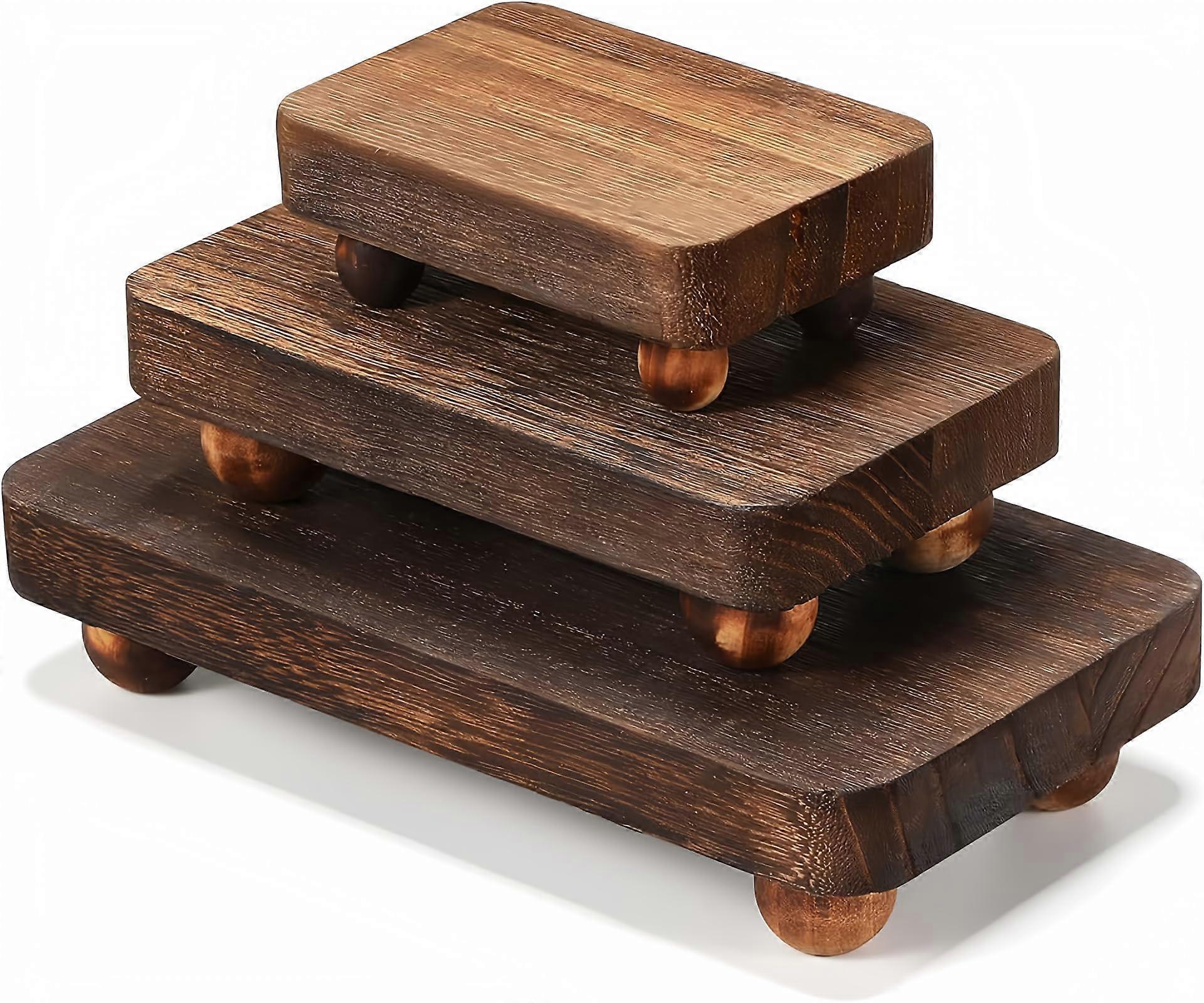 3 Pcs Wooden Risers for Display, Rustic Stackable Kitchen Stand Tray Riser Set, 3 Sizes (8x4.3, 6x3.5, 4x2.8 In), Brown Farmhouse Decor