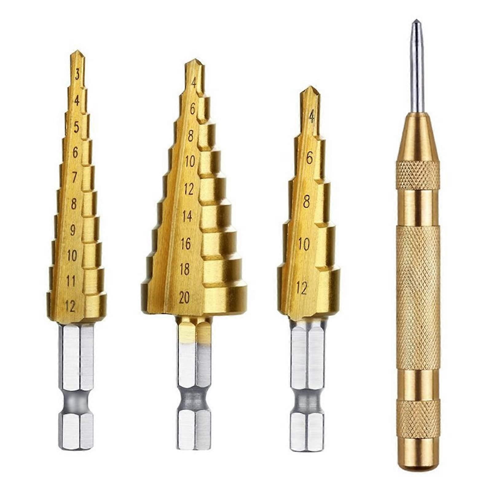 HSS Titanium Step Drill Bit Set 3-Piece With Automatic Center Punch Bit