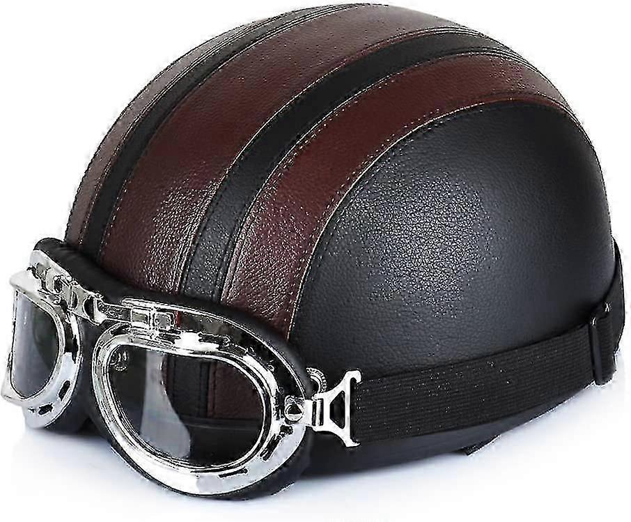 Motorcycle Scooter Open Half-face Leather Helmet With Anti-uv Goggles Retro Vintage Style 54-60cm