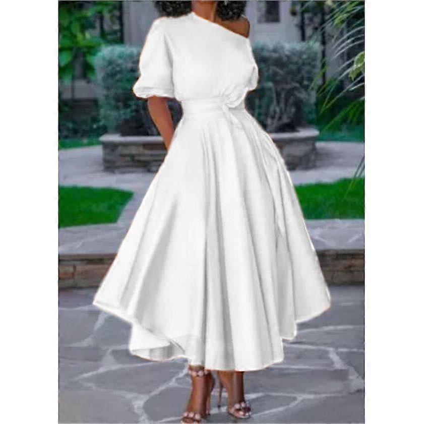 Women's Summer One Shoulder Tie Waist Slimming Mid-Length Dresses