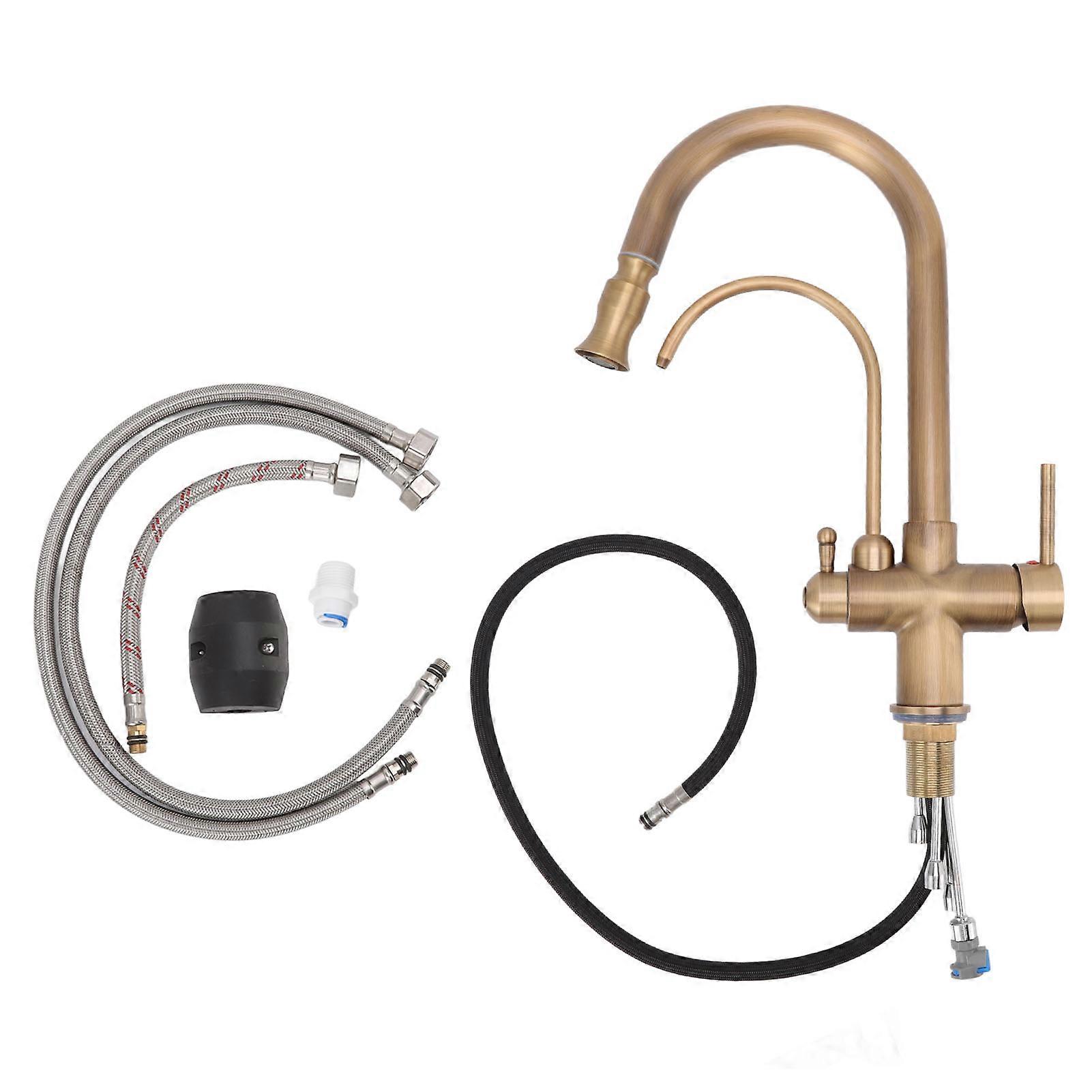 Spring Kitchen 3 in 1 Filter Water Sink Faucet Universal Dual Use Faucets with Pull Down Sprayer Antique All Copper