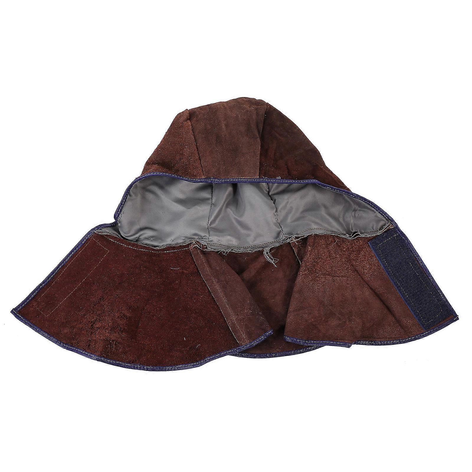 Brown Cowhide Welding Hood with Neck Drape for Protection Comfortable and Durable Hook and Loop Design