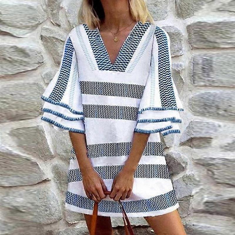 Summer Women's Casual Striped Printed Loose Midi Dress Pullover Dress