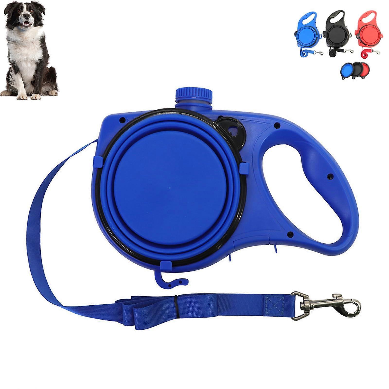 Retractable Dog Belt Plate and Water Bottle, 3in1 Leash with Bowl (Blue)