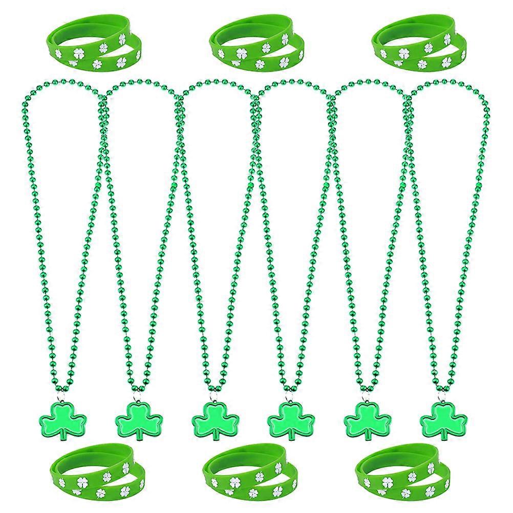 18pcs in 1 Set Clover Bracelet and Necklace Set Festival Toy Wrist Straps Printing Wristbands Necklace Dress up Accessary St. Patricks Day Party