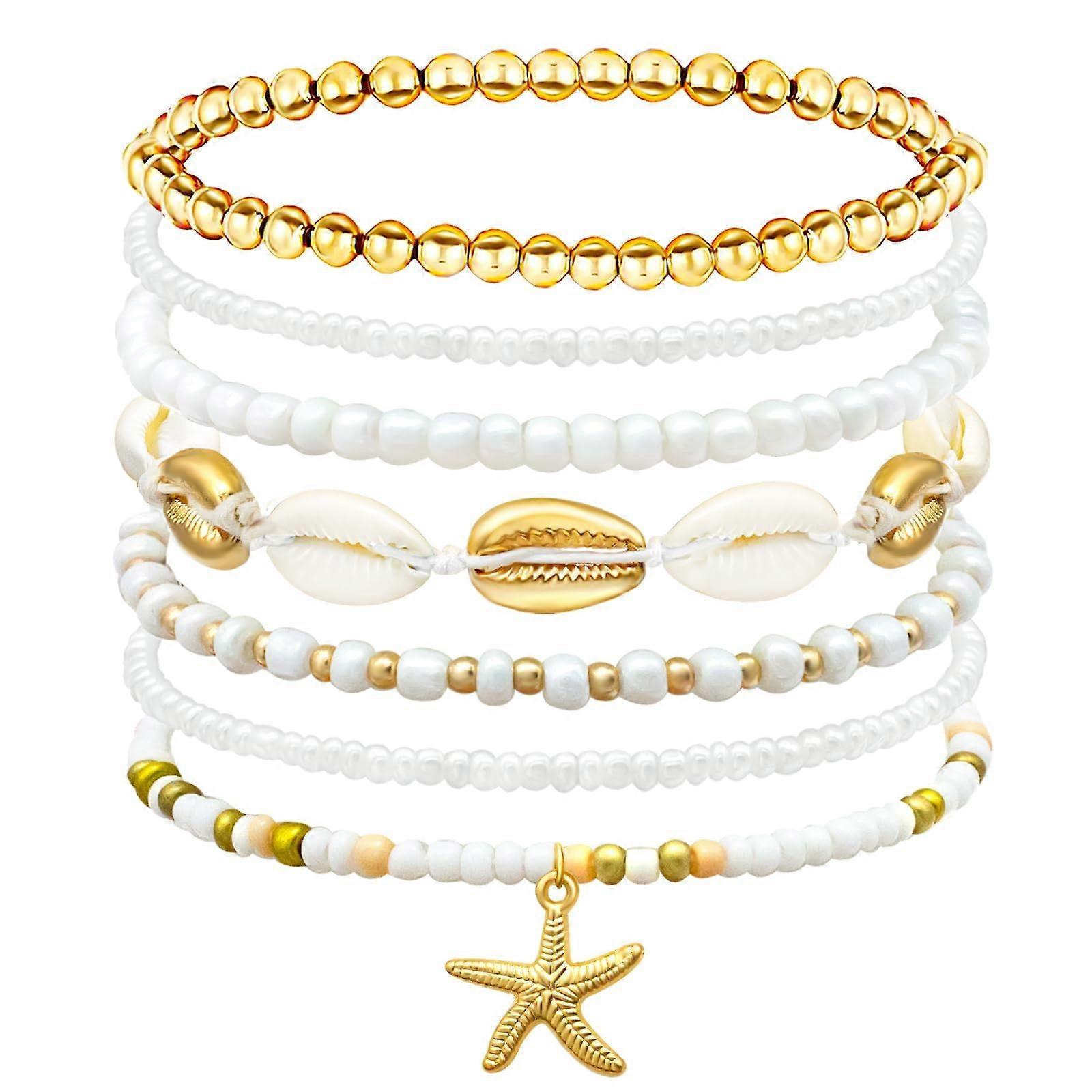 Women's Beach Bracelet 7-Piece Set With Starfish And Shell Charms, Summer Beach Jewelry For Women