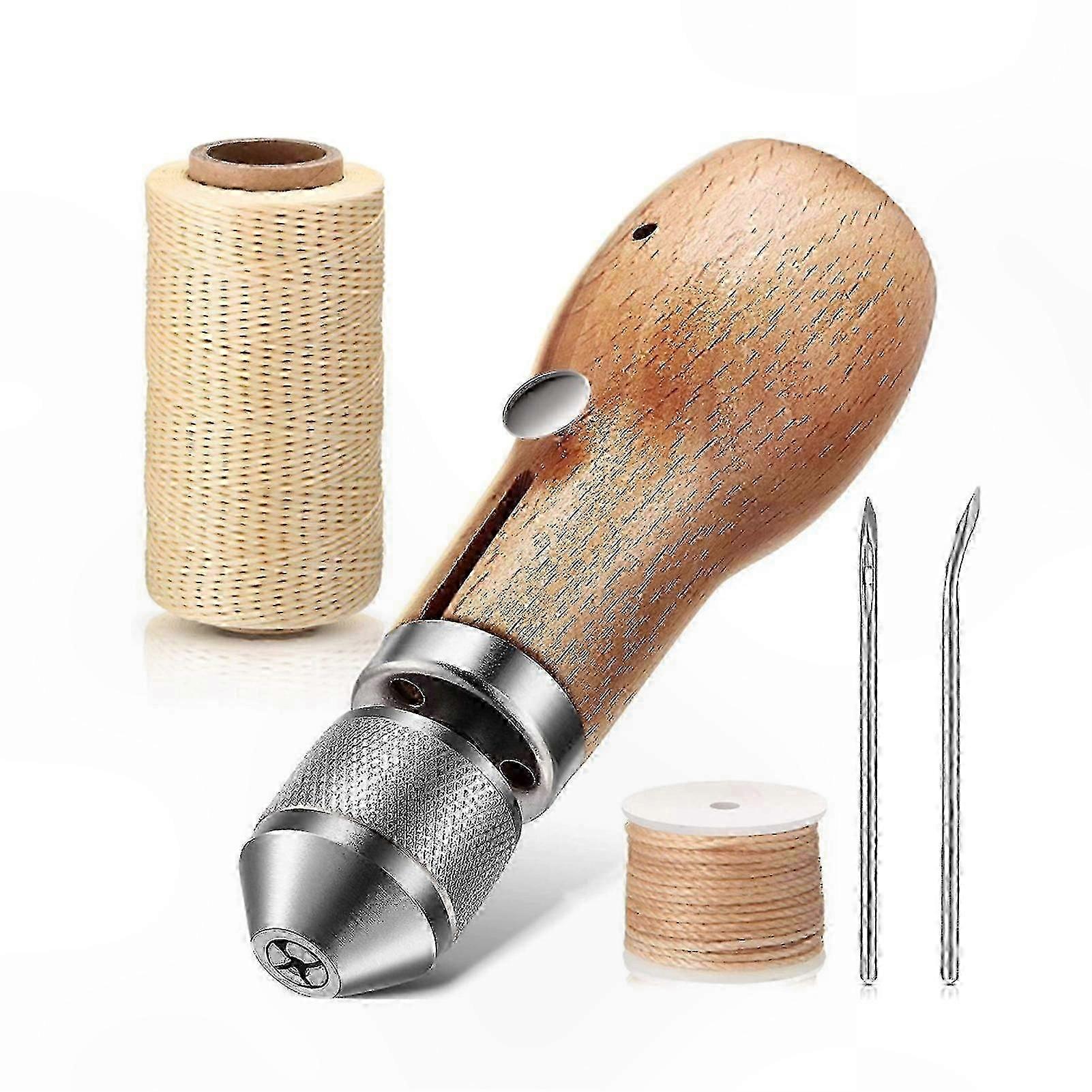 Wooden Handle Awl Tool with 2 Needles for Leather and Cloth DIY Projects