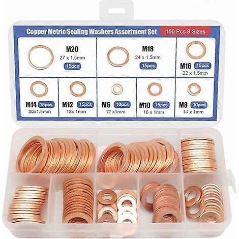 150pcs Solid Copper Washers Assortment Box Sealing Washer Gasket Combination Seal Hardware Fastener (8 Sizes)