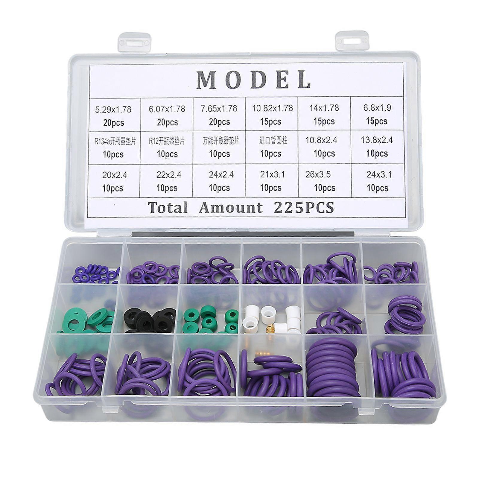 225PCS Car Air Conditioner O Ring Seal Set 14 Sizes Assortment with Washer Spacer for Machinery Industry Home