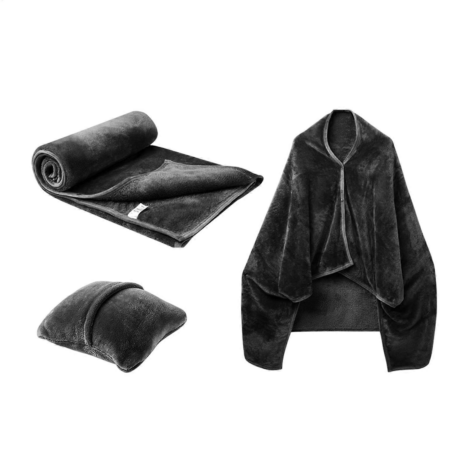 Travel Blanket Pillow Combo, Lightweight Flannel Airplane Travel Blanket, Soft Black Shawl Blanket for Warmth