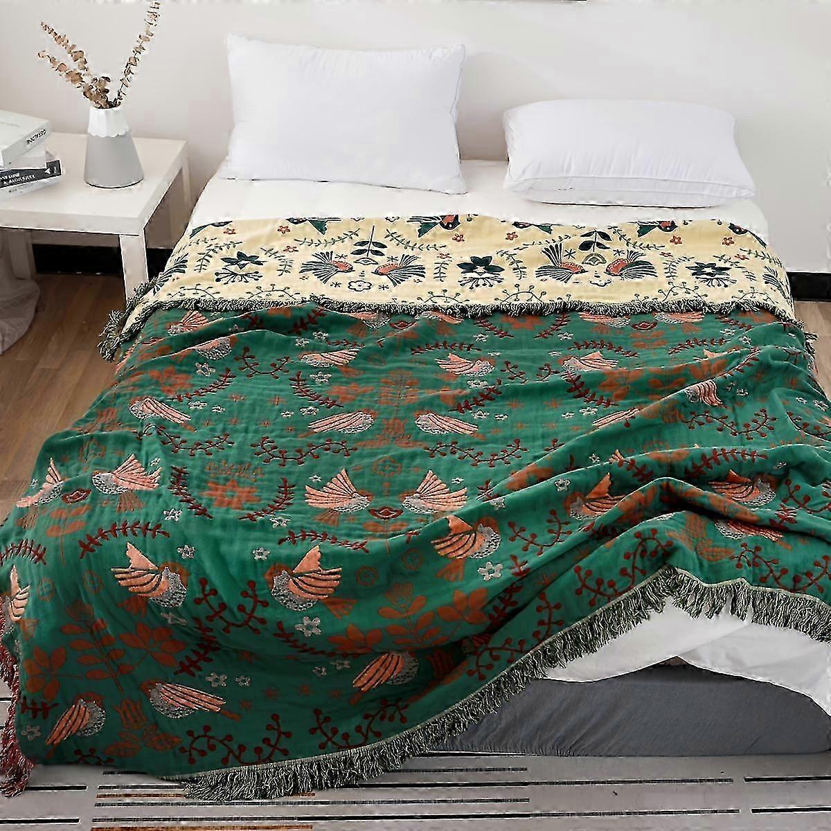 1pc Bohemian Style Cotton Gauze Throw Blanket, Spring Bird And Leaf Pattern, Multi-Purpose Sofa Cover, Bedspread, Farmhouse Decor Couch Throw Blanket