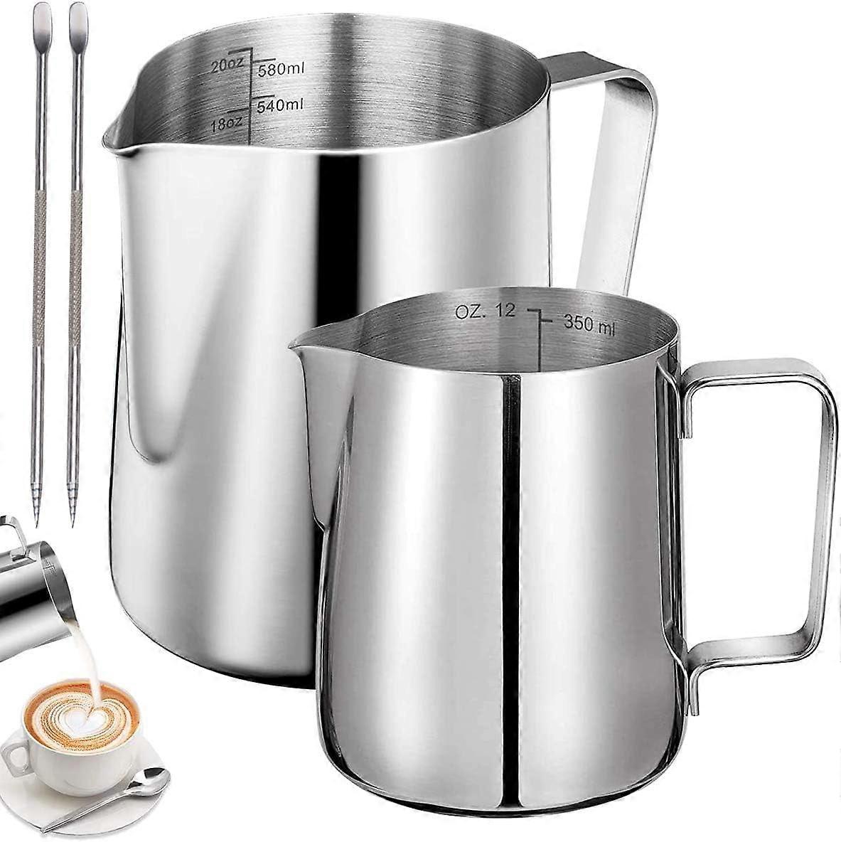 2-Piece Stainless Steel Milk Jug Set 350ml & 600ml with Measurement Marks and Latte Art Pen for Cappuccino, Espresso